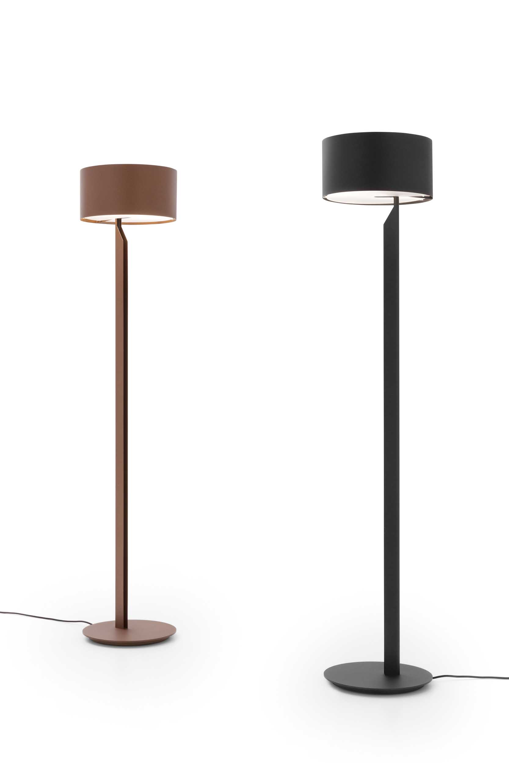Two versions of a modern floor lamp: brown and black.