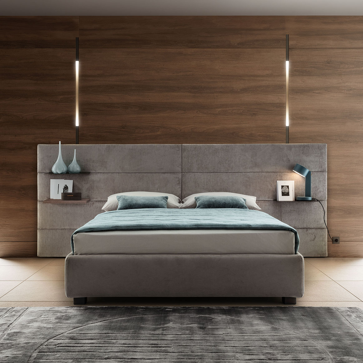 Bed for a hotel room Contract bed with an elegant headboard for a business hotel.
