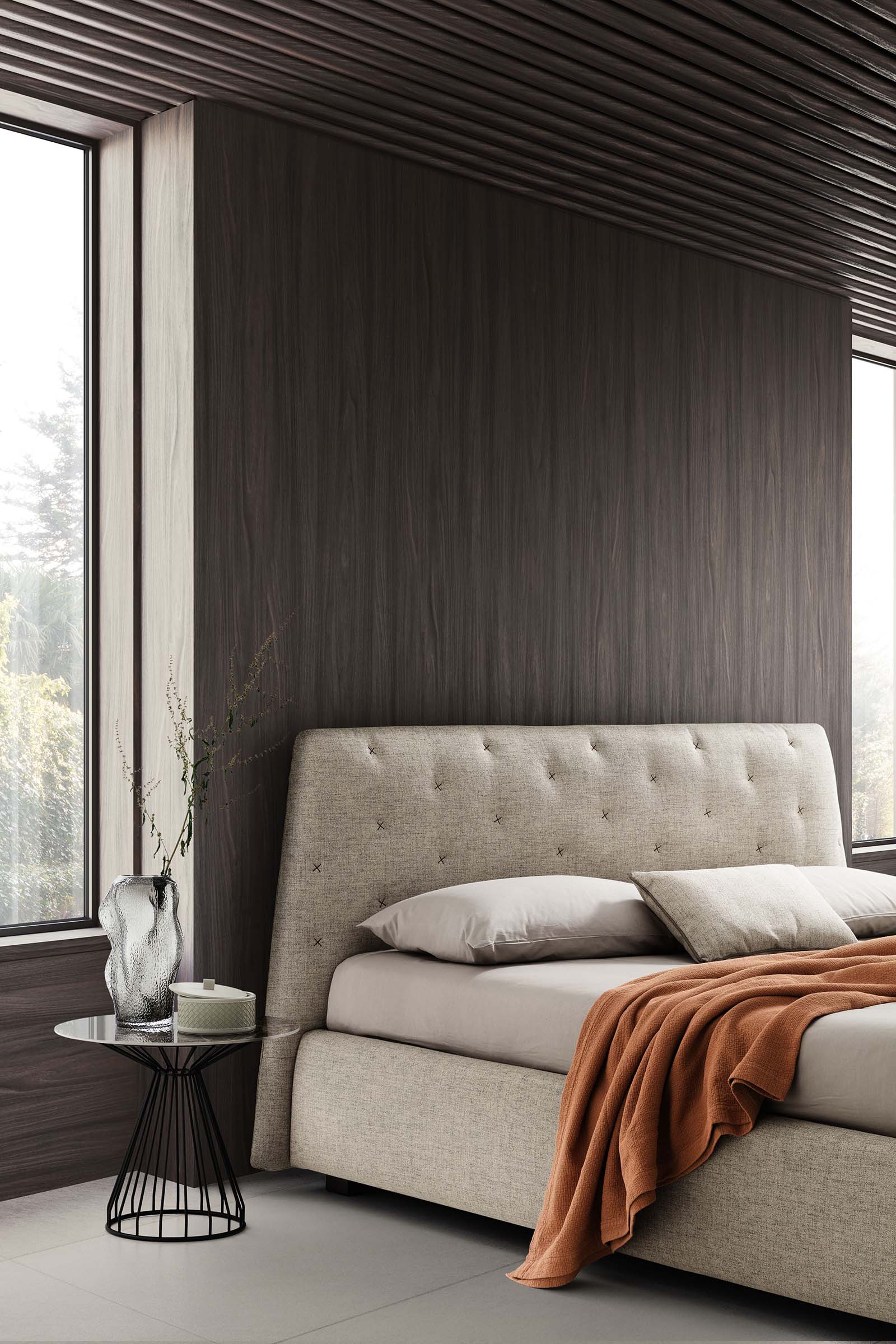 Classic and modern bed with cross-stitched, tufted headboard