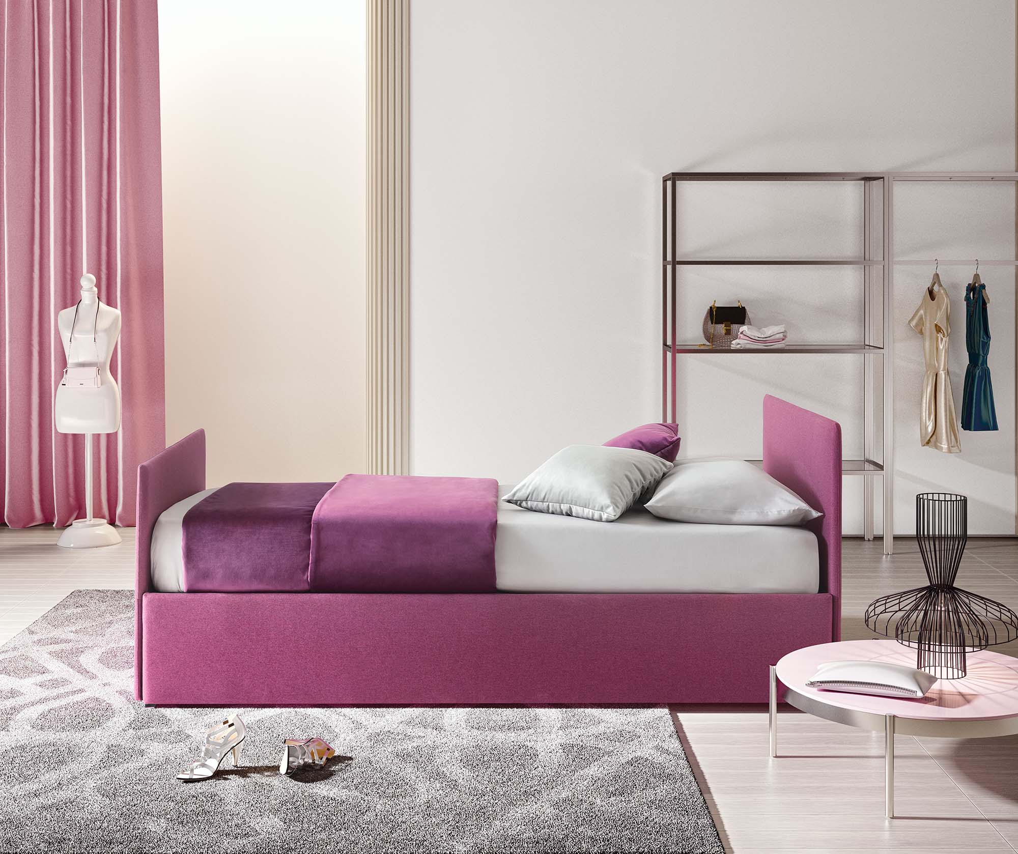 Large and modern bedroom with a large rug and a fuchsia pink single bed