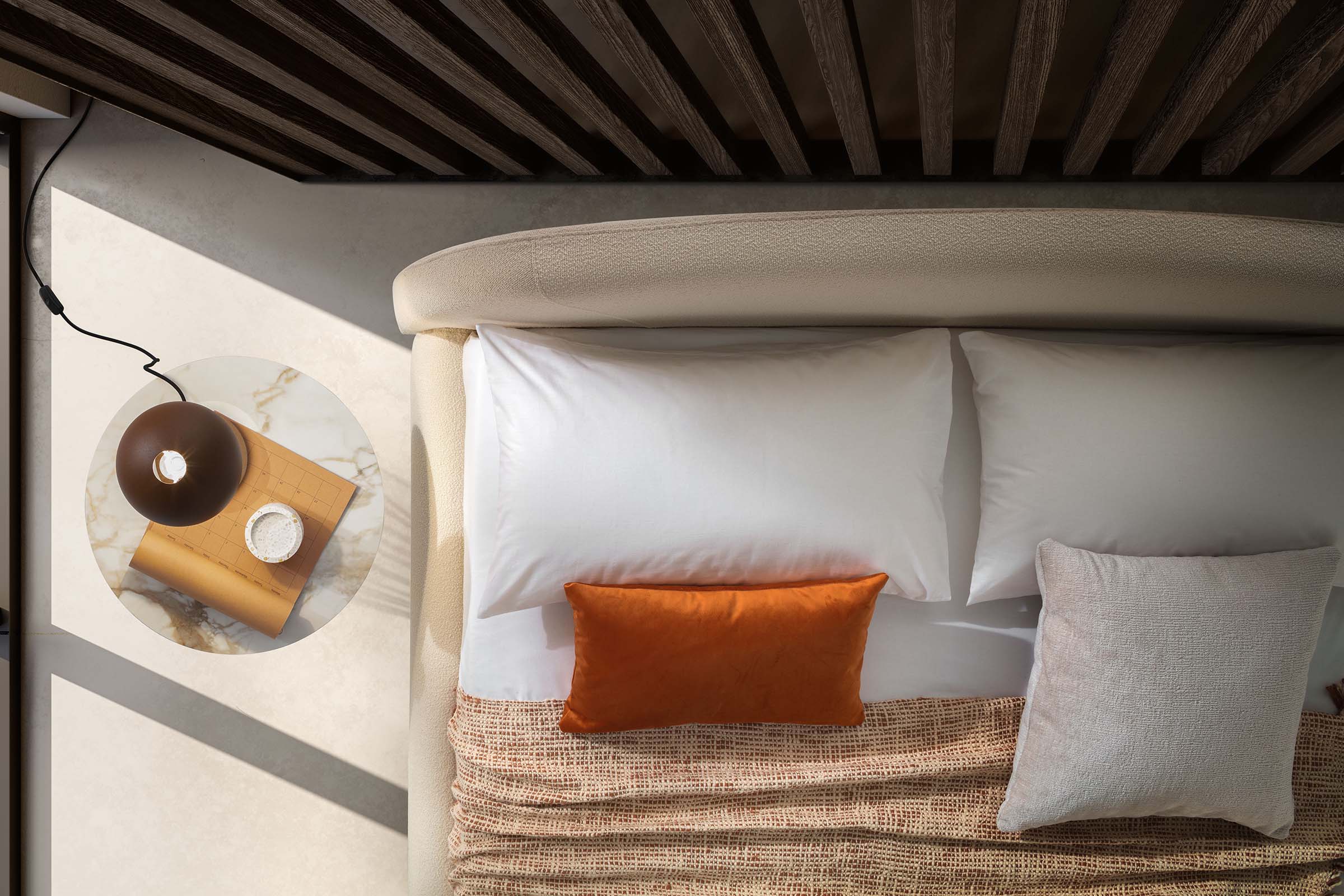 Elegant cream-colored bed with a thin and space-saving backrest