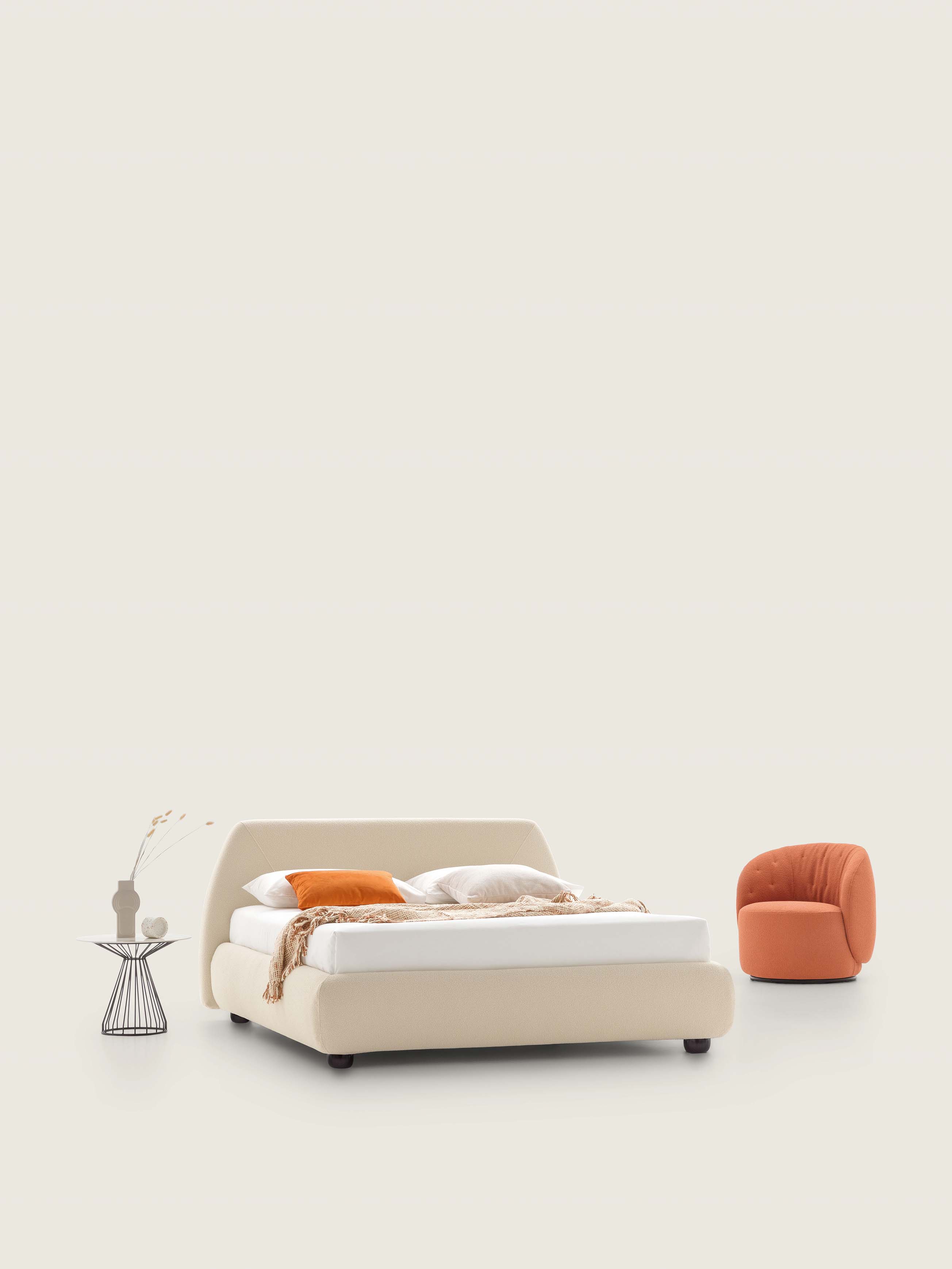 Belmondo bed with cream-colored Dandy 003 fabric upholstery