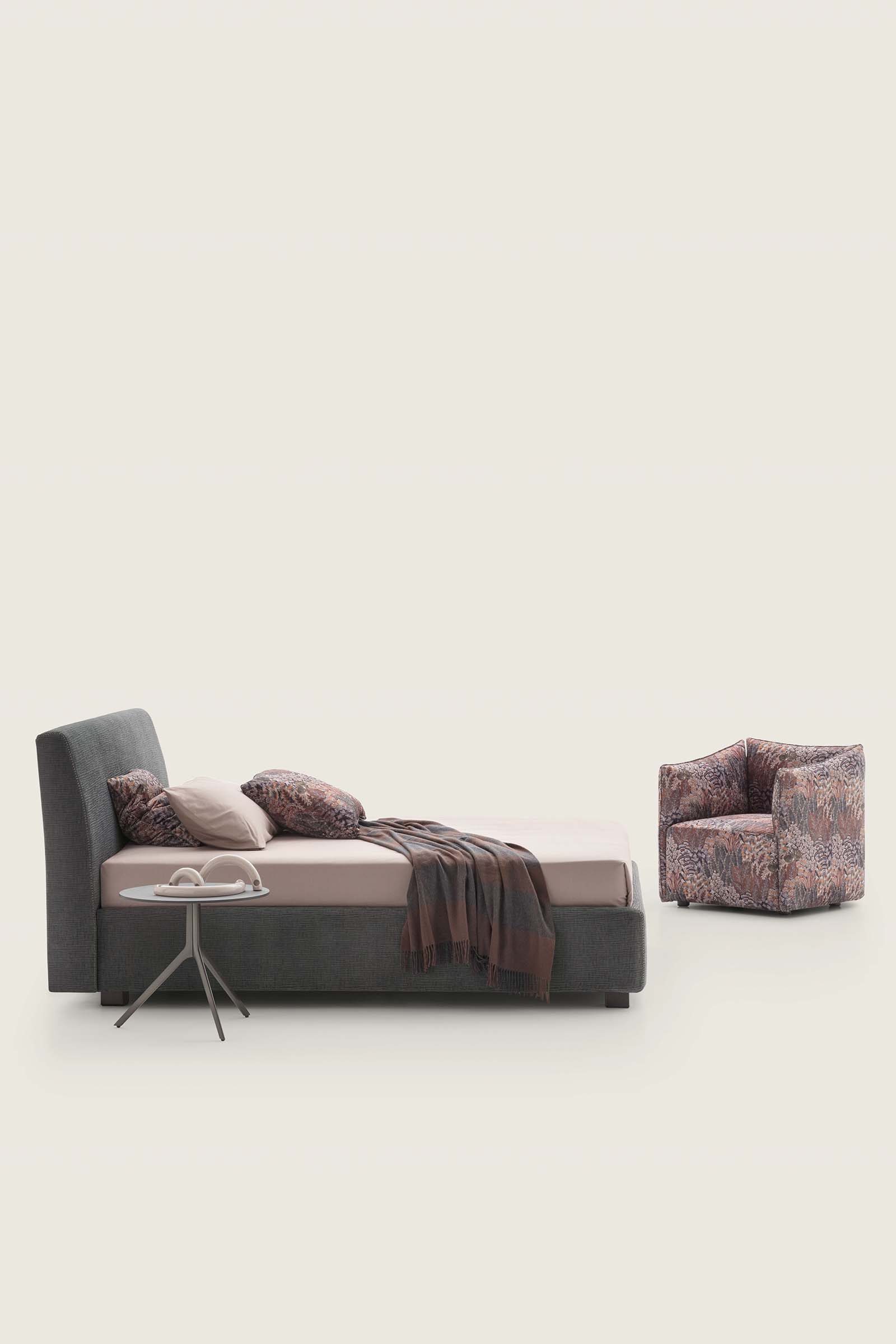 Simple and minimal bed with dark gray fabric upholstery