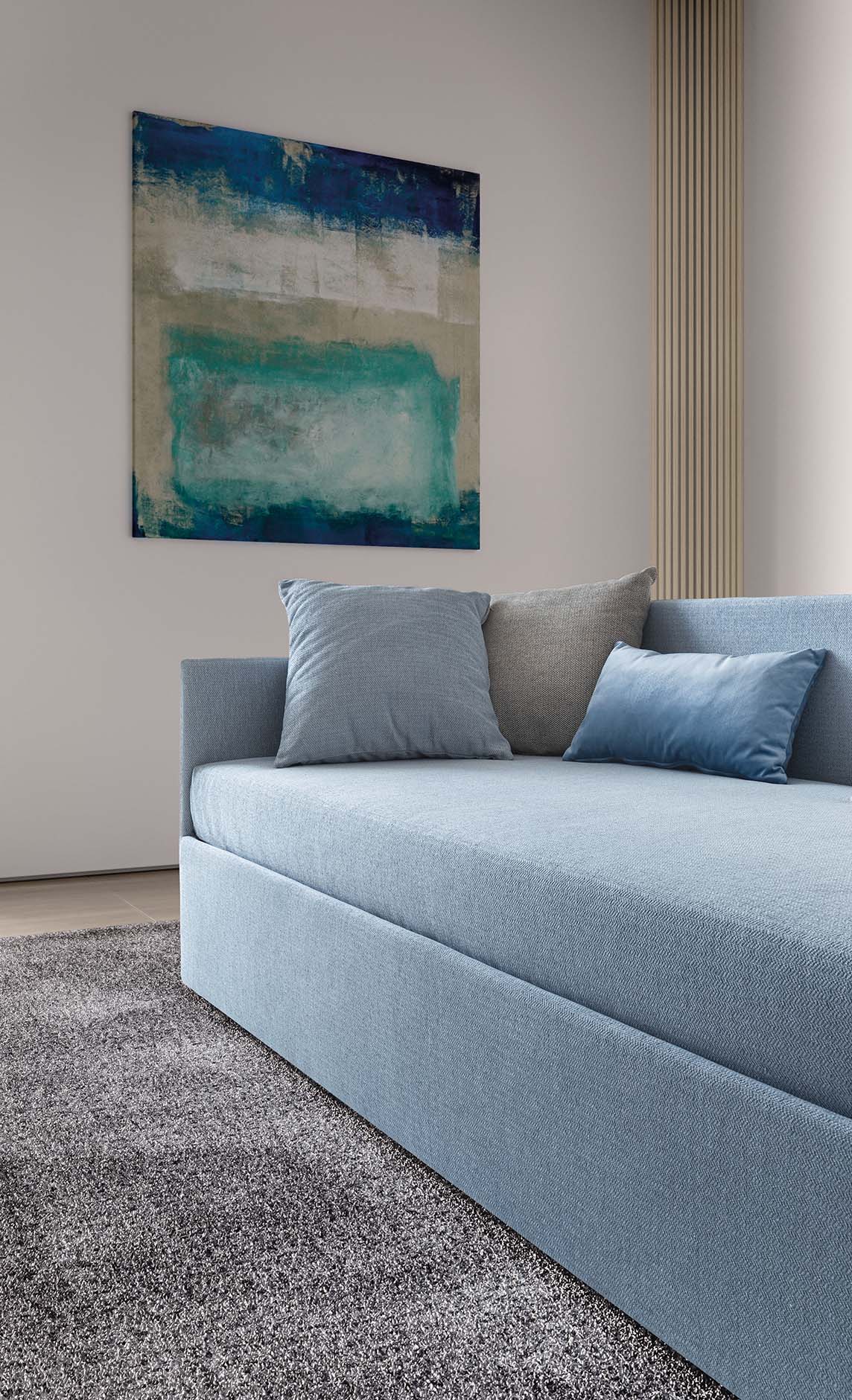Detail of the base and seat of a daybed with a comfortable and soft seat