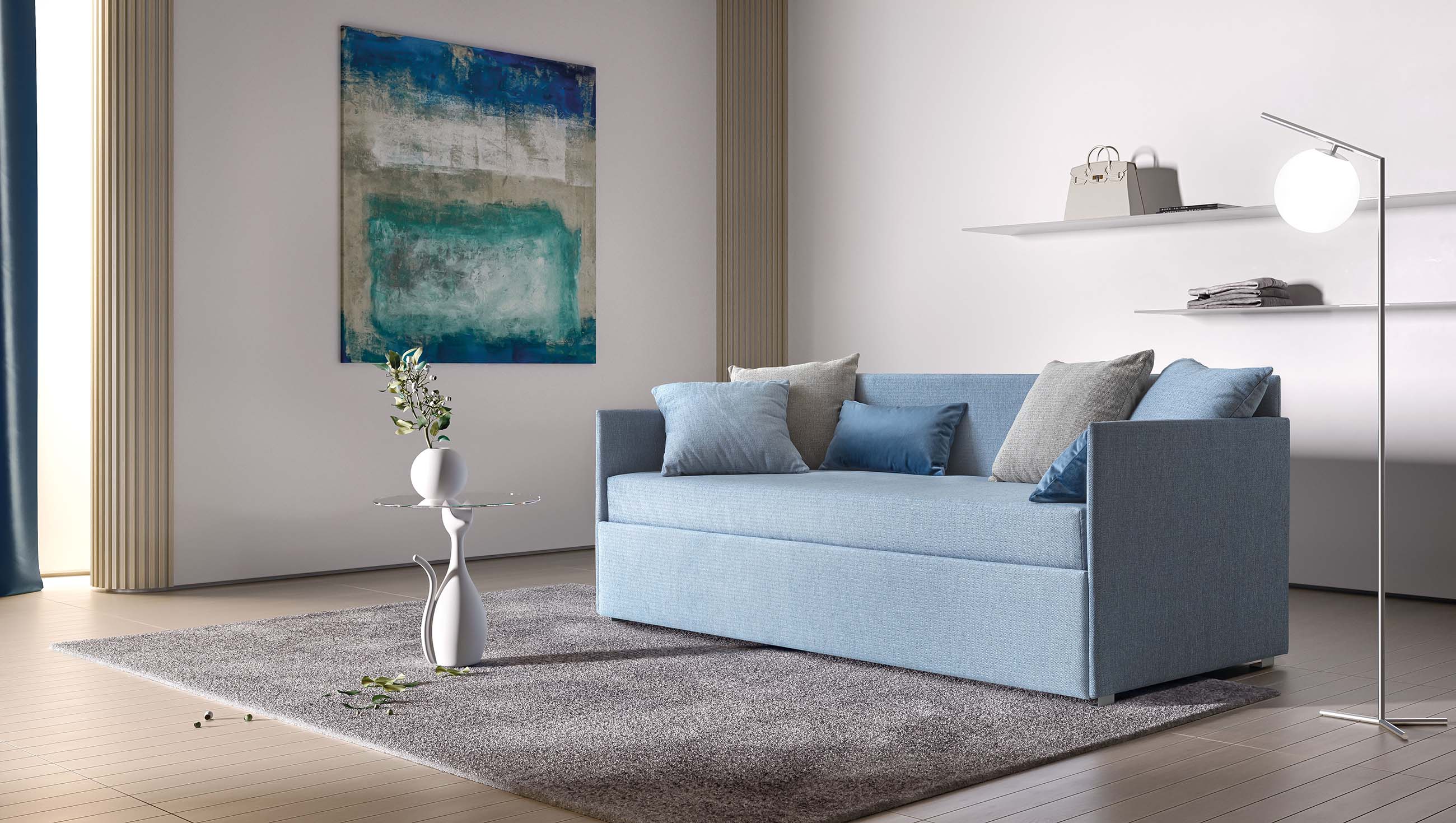 Light blue sofa with backrest on three sides that can also serve as a comfortable single bed. Very thin space-saving structure
