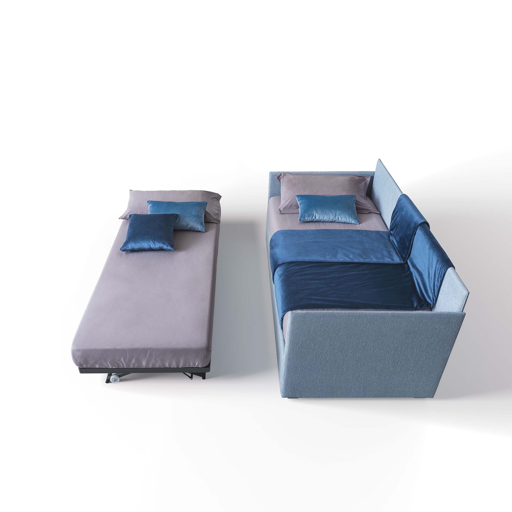 Two beds with slatted base and mattress are created from a Camomilla model daybed