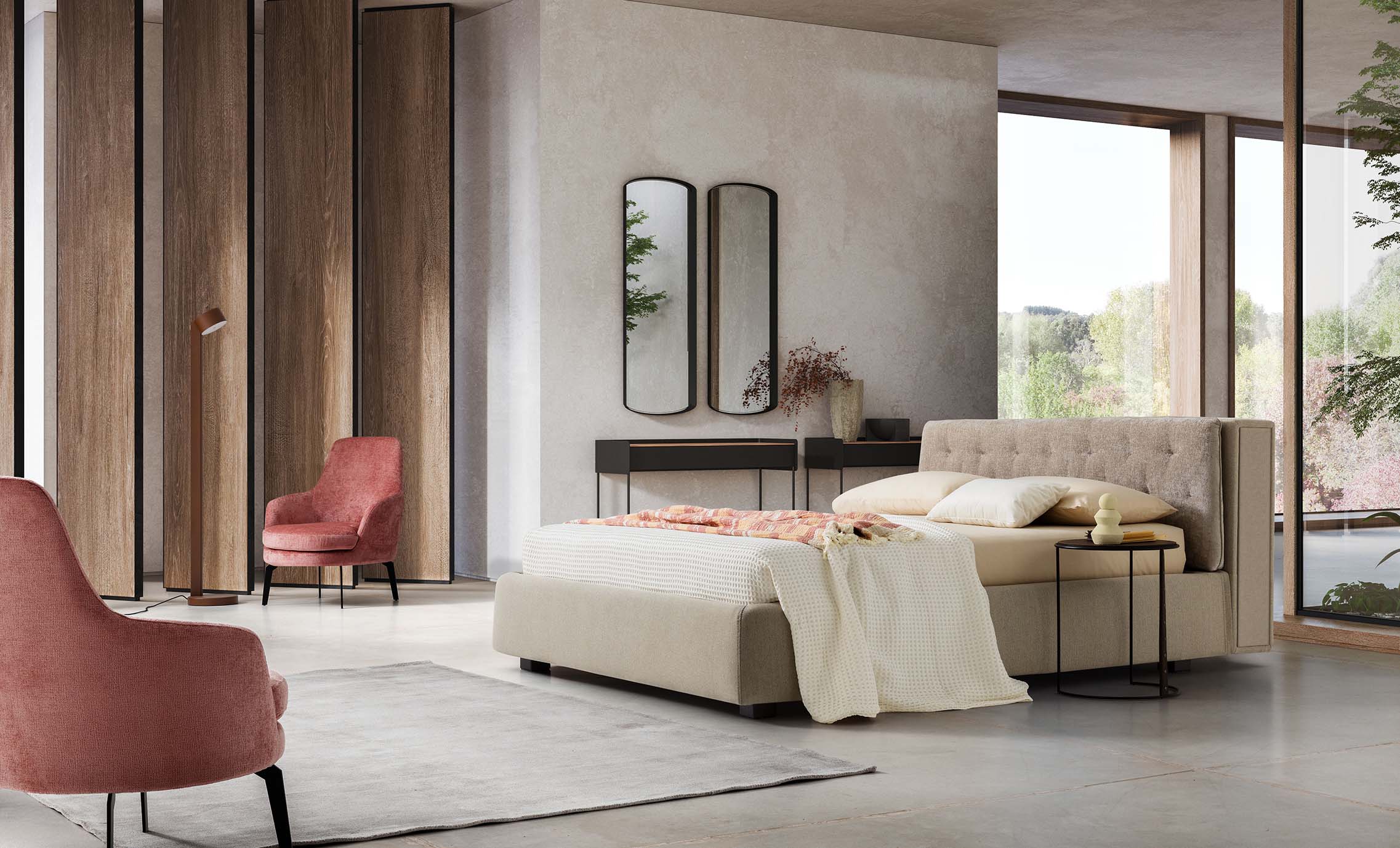 Spacious and modern room furnished with a modern Donovan bed with low feet and a wide bed frame