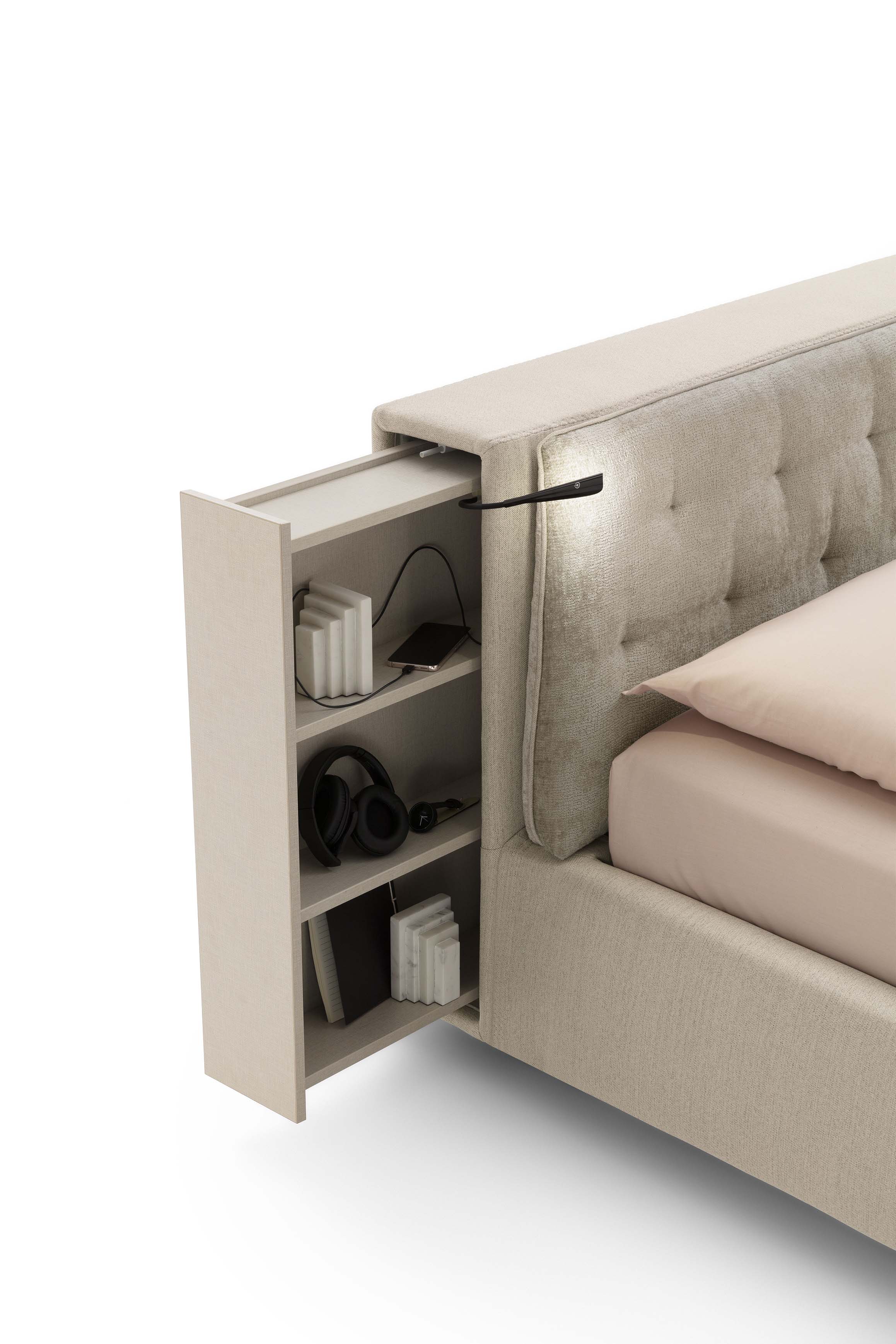 Bed with headboard with bookcase, lights and pull-out storage