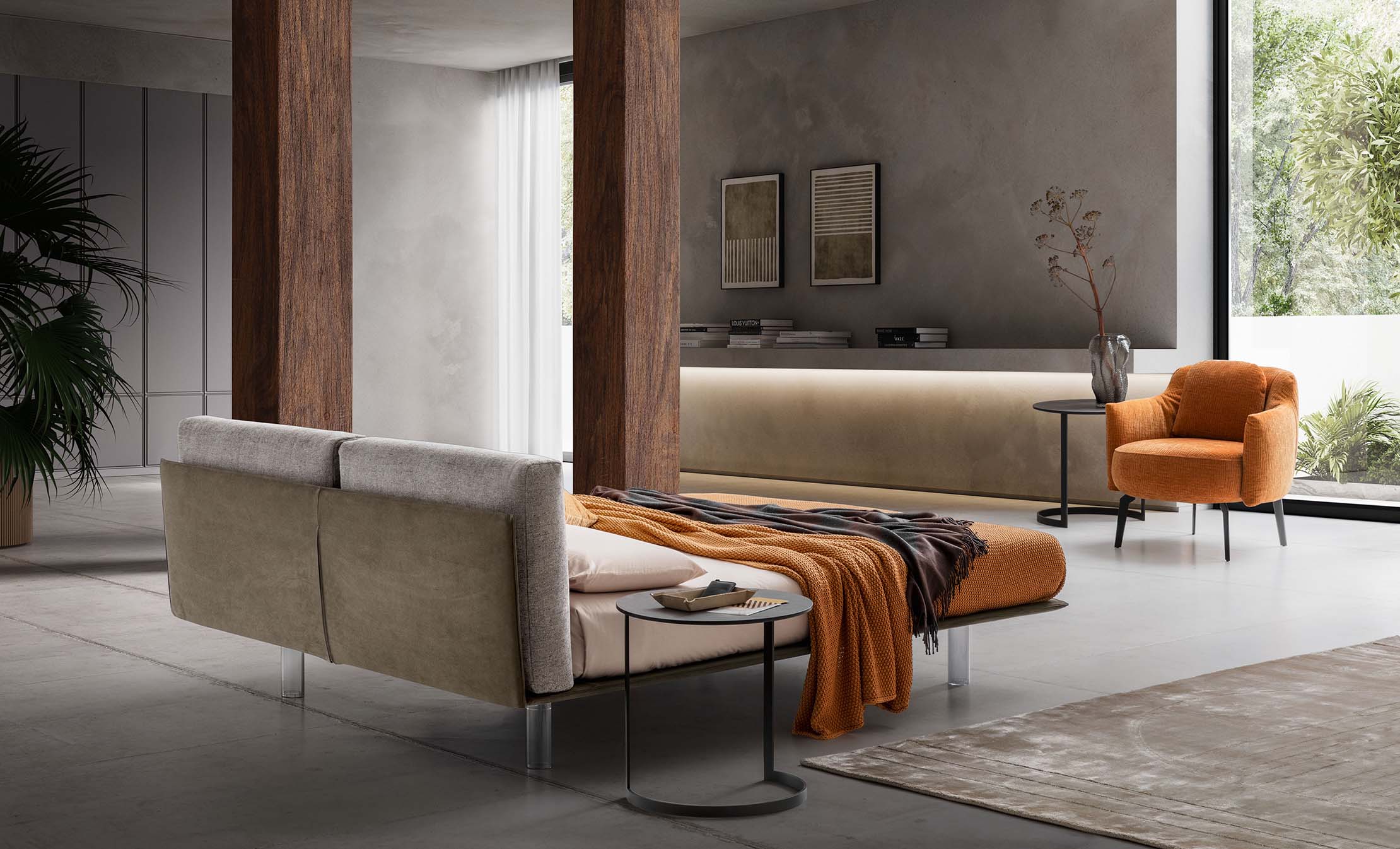 Designer room furnished with a designer Essential double bed with high transparent feet