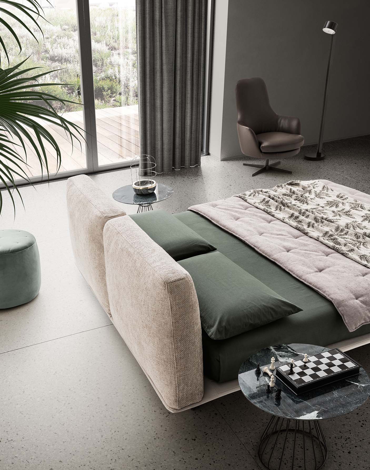 Fenice bed in a classic room with gray and green tones