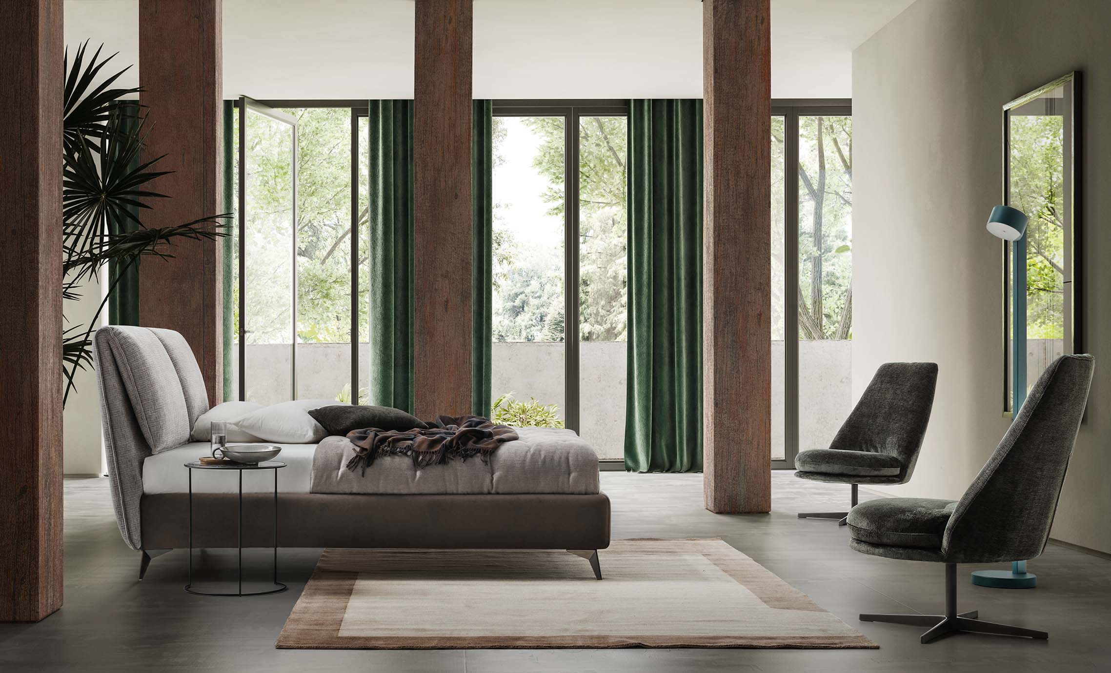 Modern room furnished with a Fold bed with medium-high gray feet