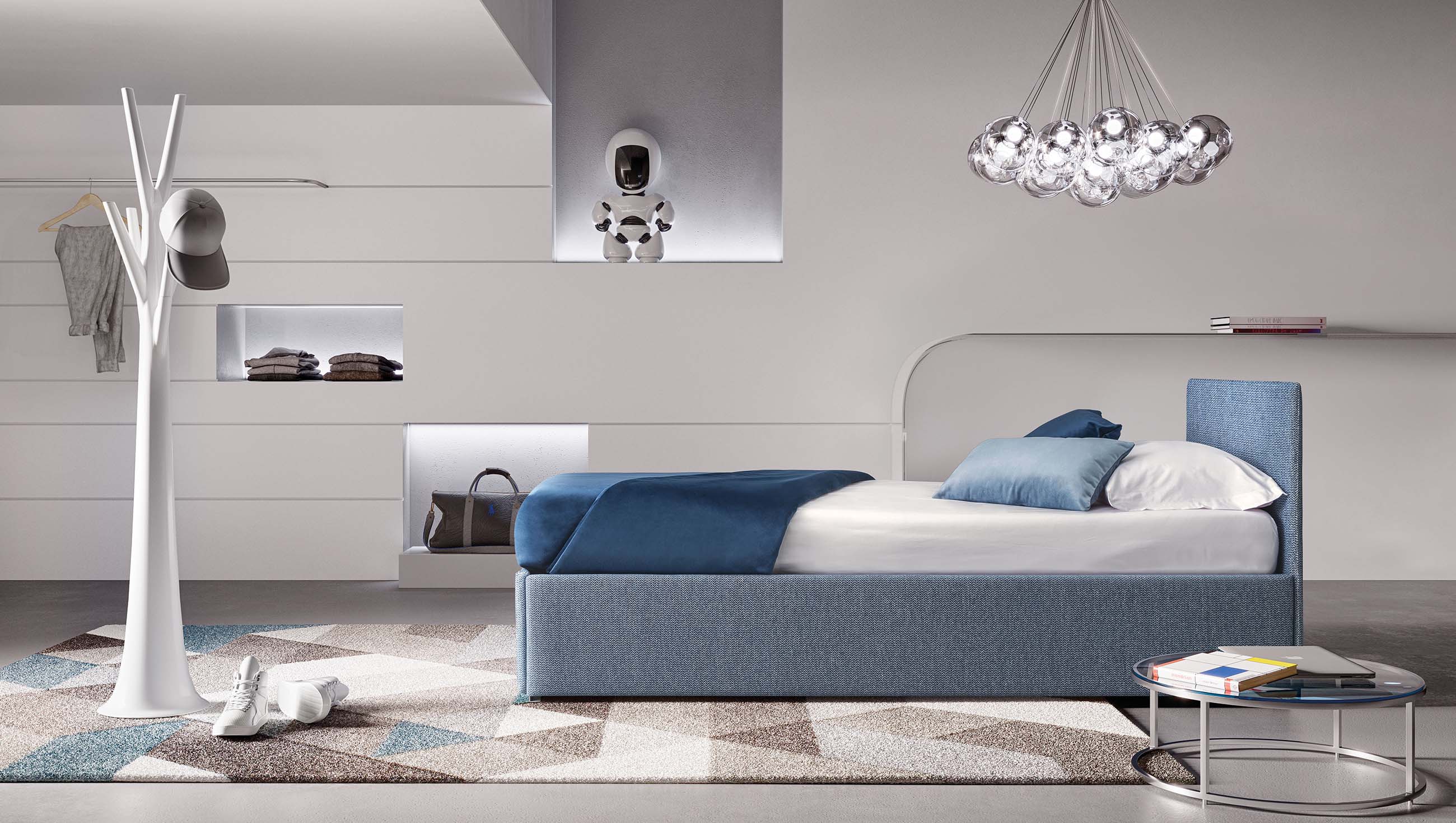 Daybed with lightly upholstered headboard but without footboard. Light blue fabric version