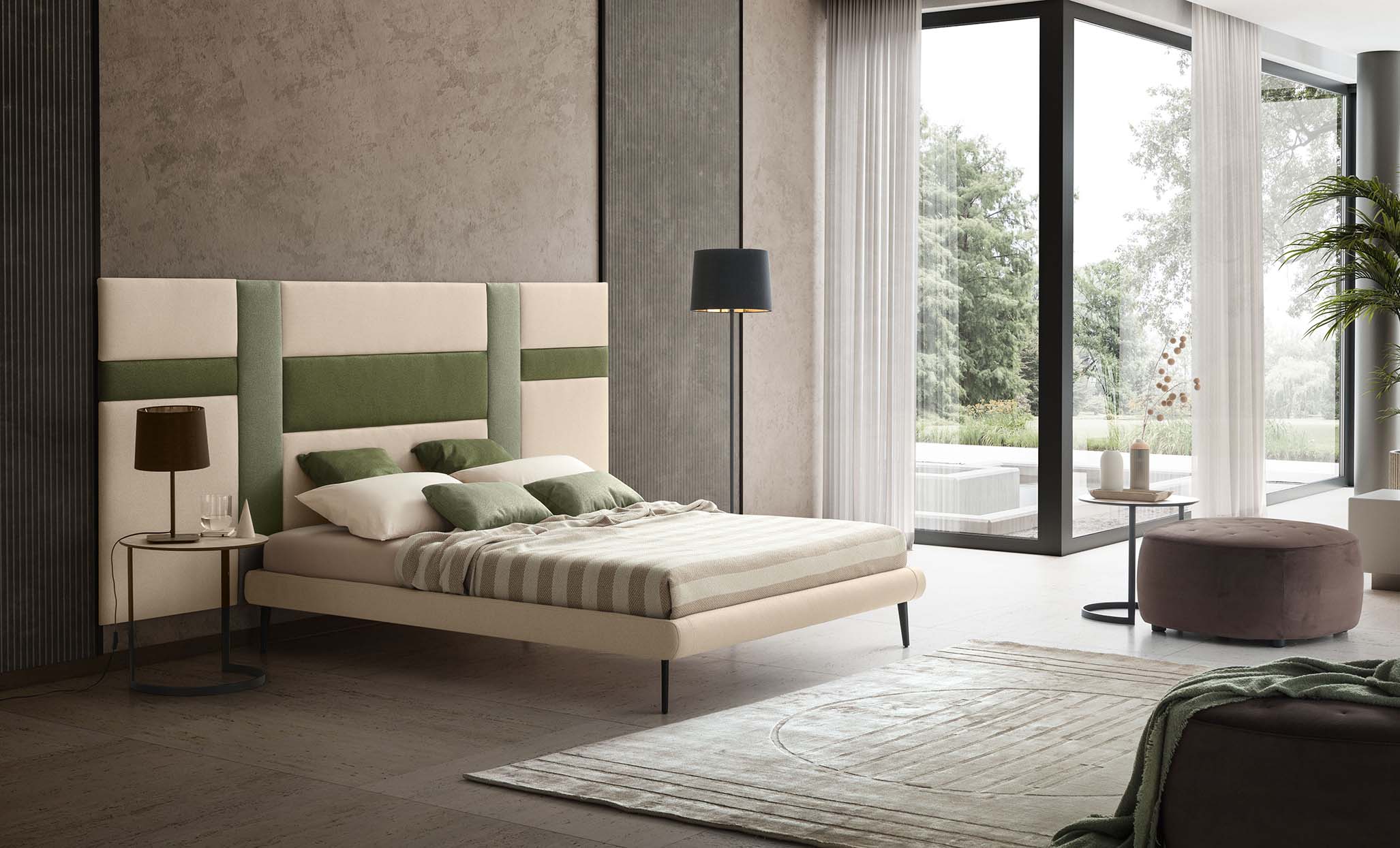 Residence room with Ground model wall headboard with green geometric patterns