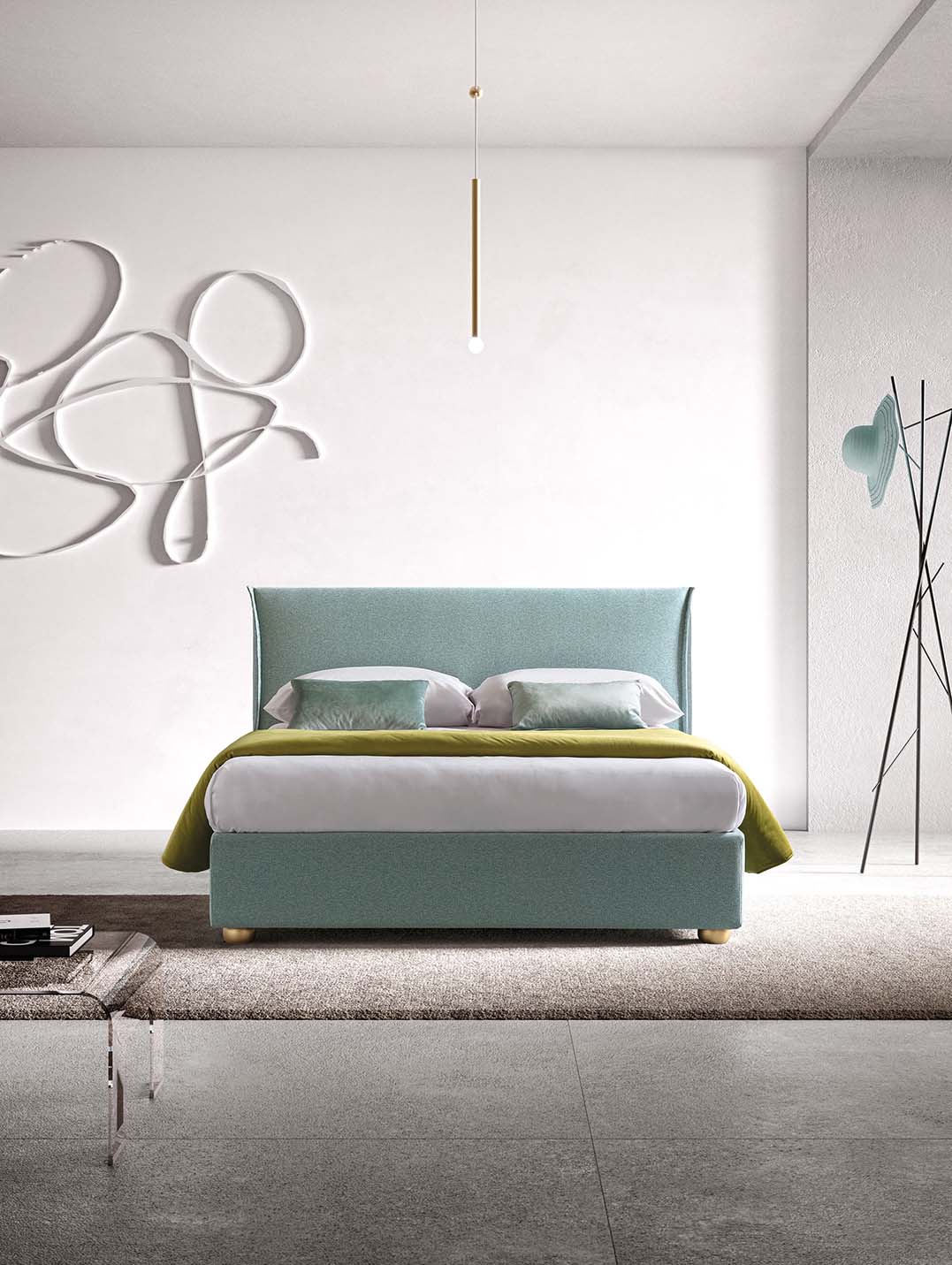 Modern and minimal style space-saving double bed. Without quilting and with low feet