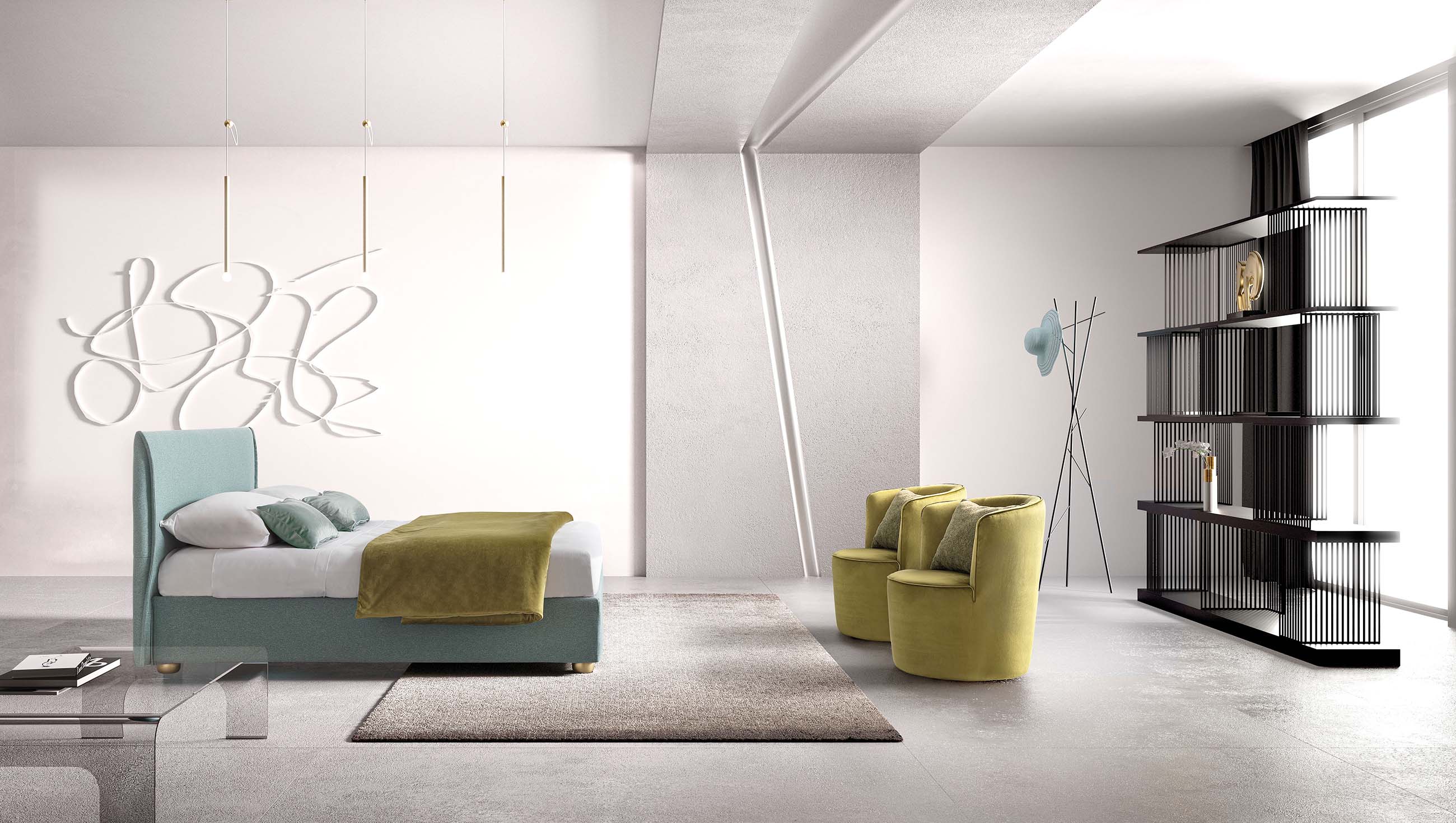 Compact bed with thin headboard in a large and modern room with two armchairs