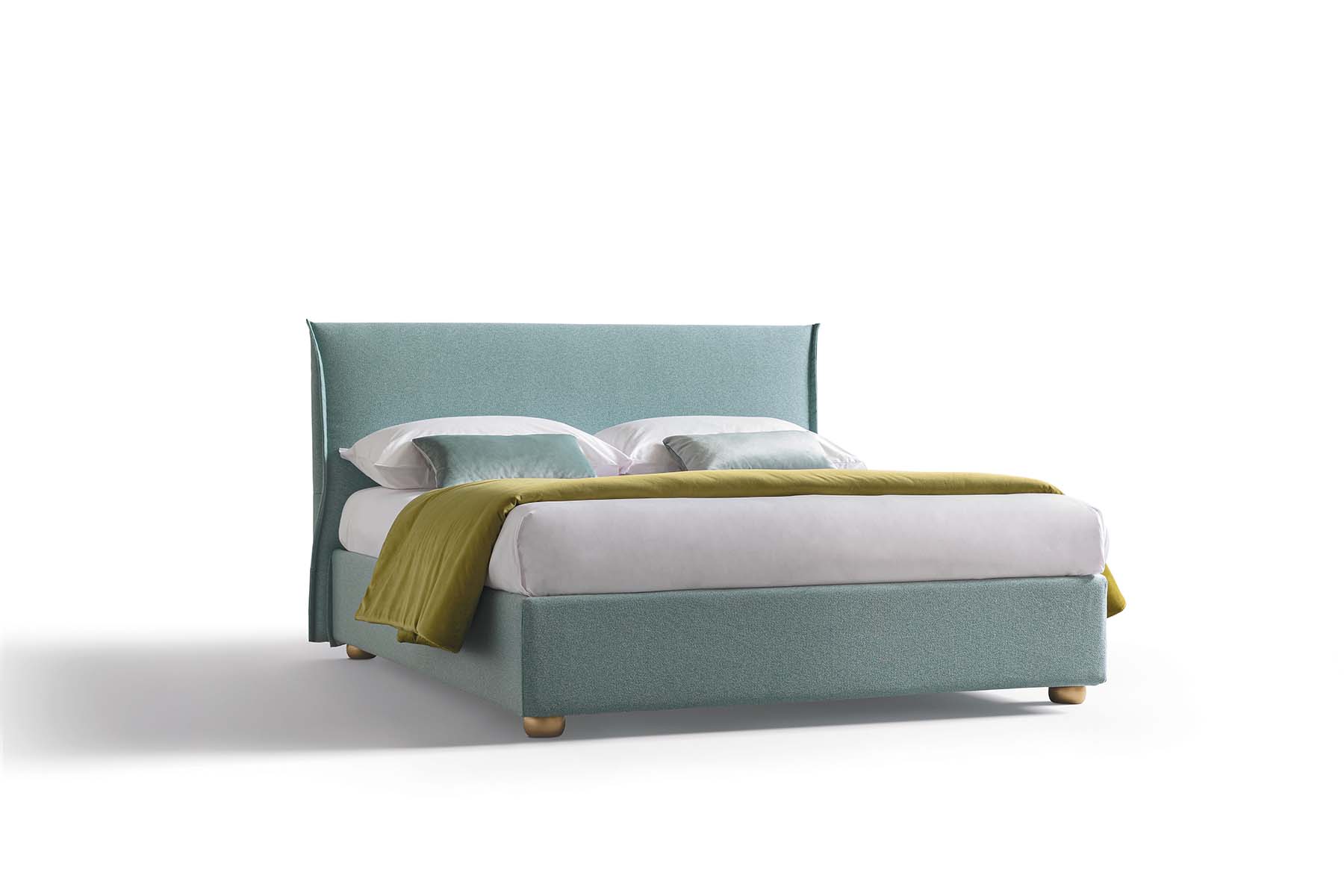 Hesperis bed with pastel aqua green upholstery and smooth upholstered headboard