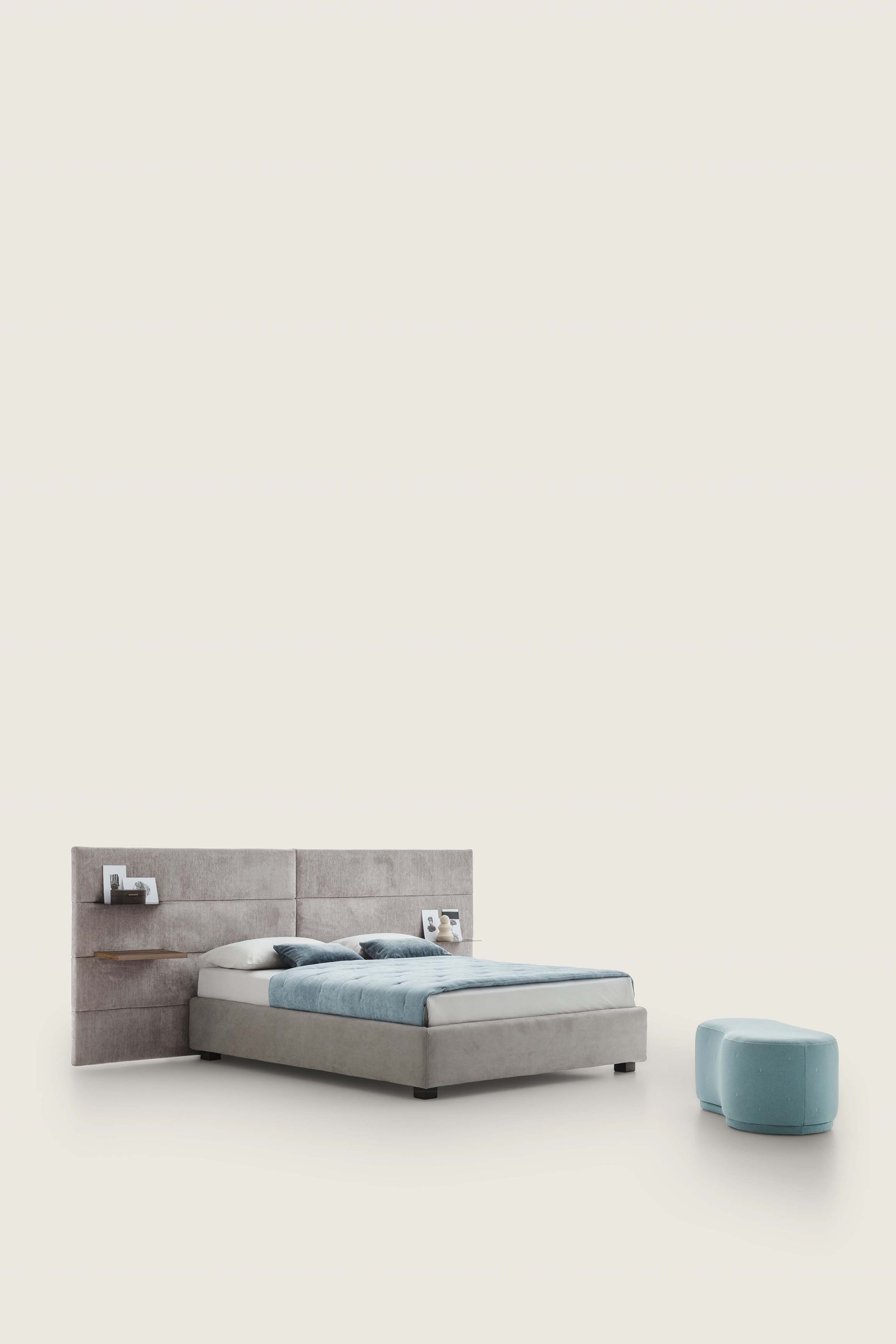 Velvet-style gray wall-mounted headboard bed with shelves and low feet