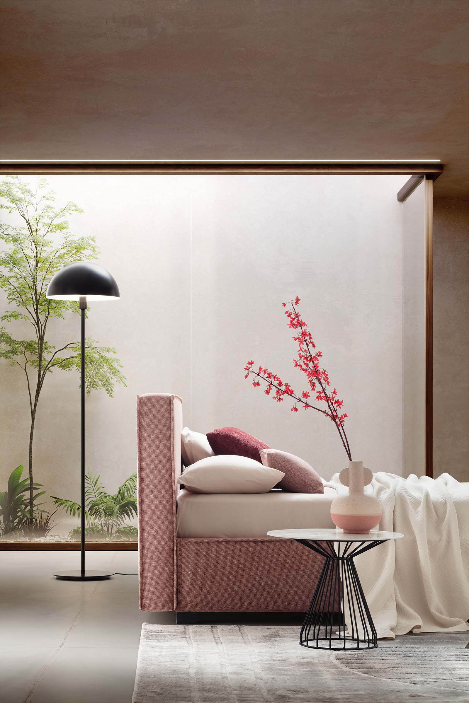 Modern room with warm tones furnished with a bed with linear shapes and evident edging