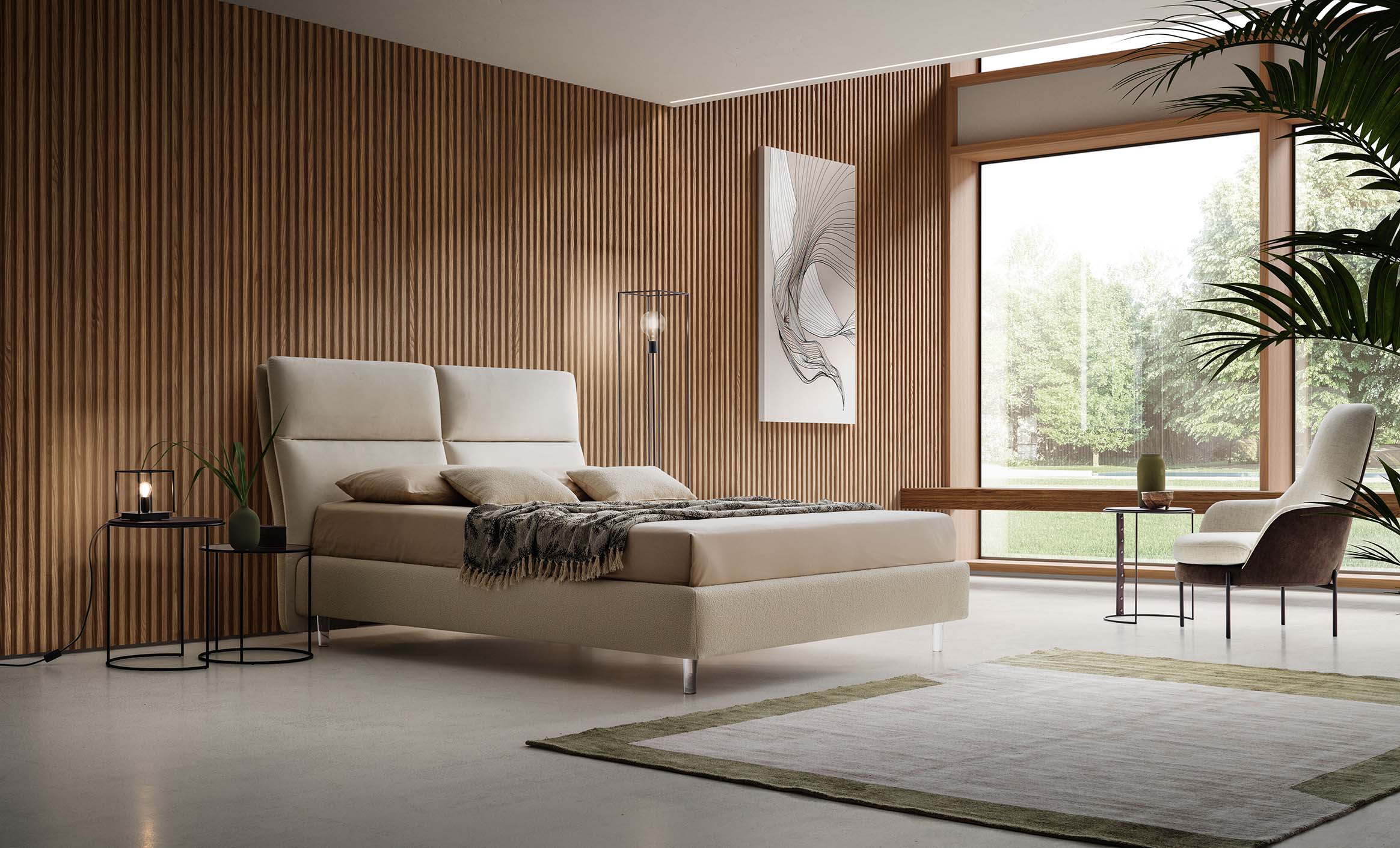 Modern room with wooden wall furnished with a bed with high headboard and high transparent feet