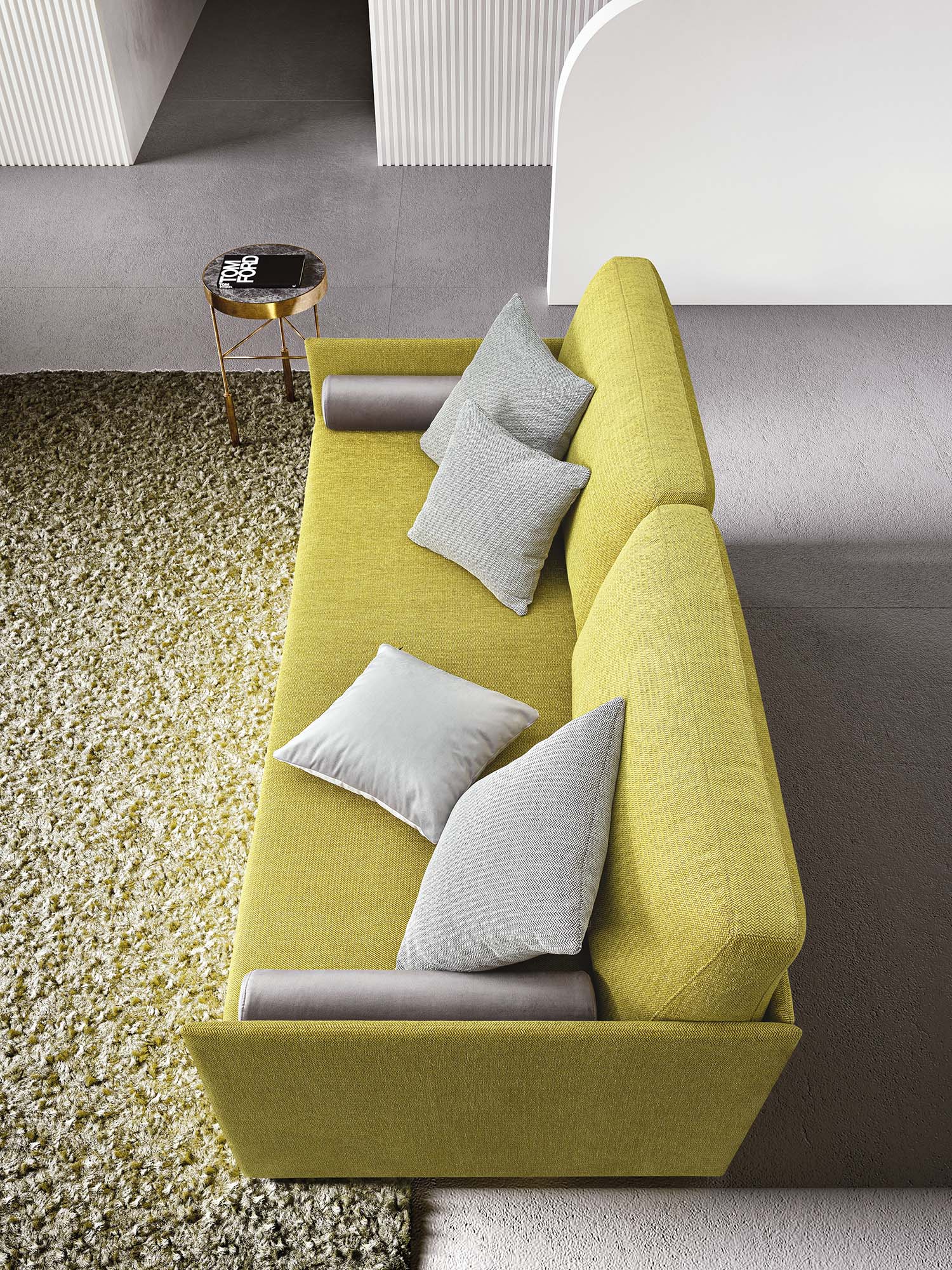 Lantana daybed with backrest composed of two padded cushions. Lime green upholstery