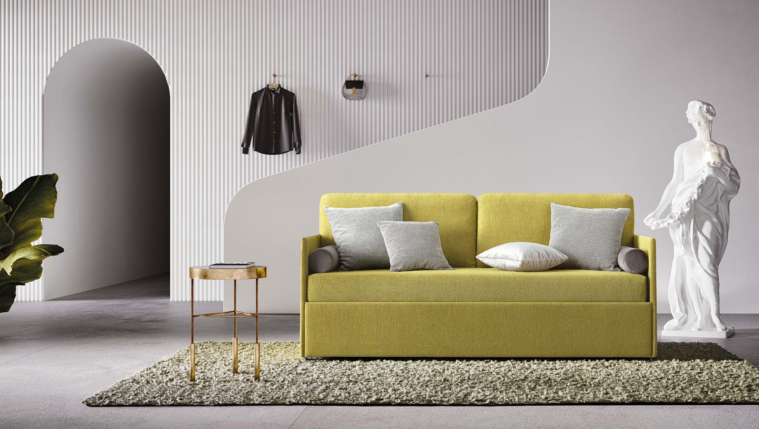 Sofa with small armrests and lightly padded backrest that can also become a comfortable single bed