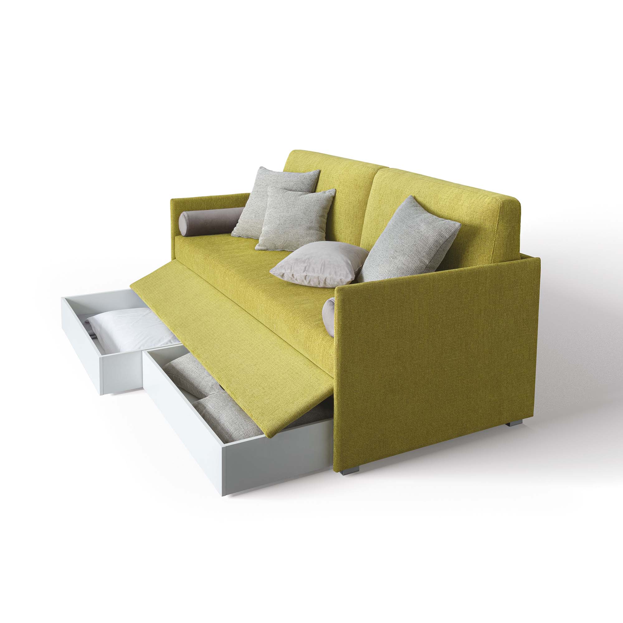 Single bed or sofa with hidden drawers pull-out from the base