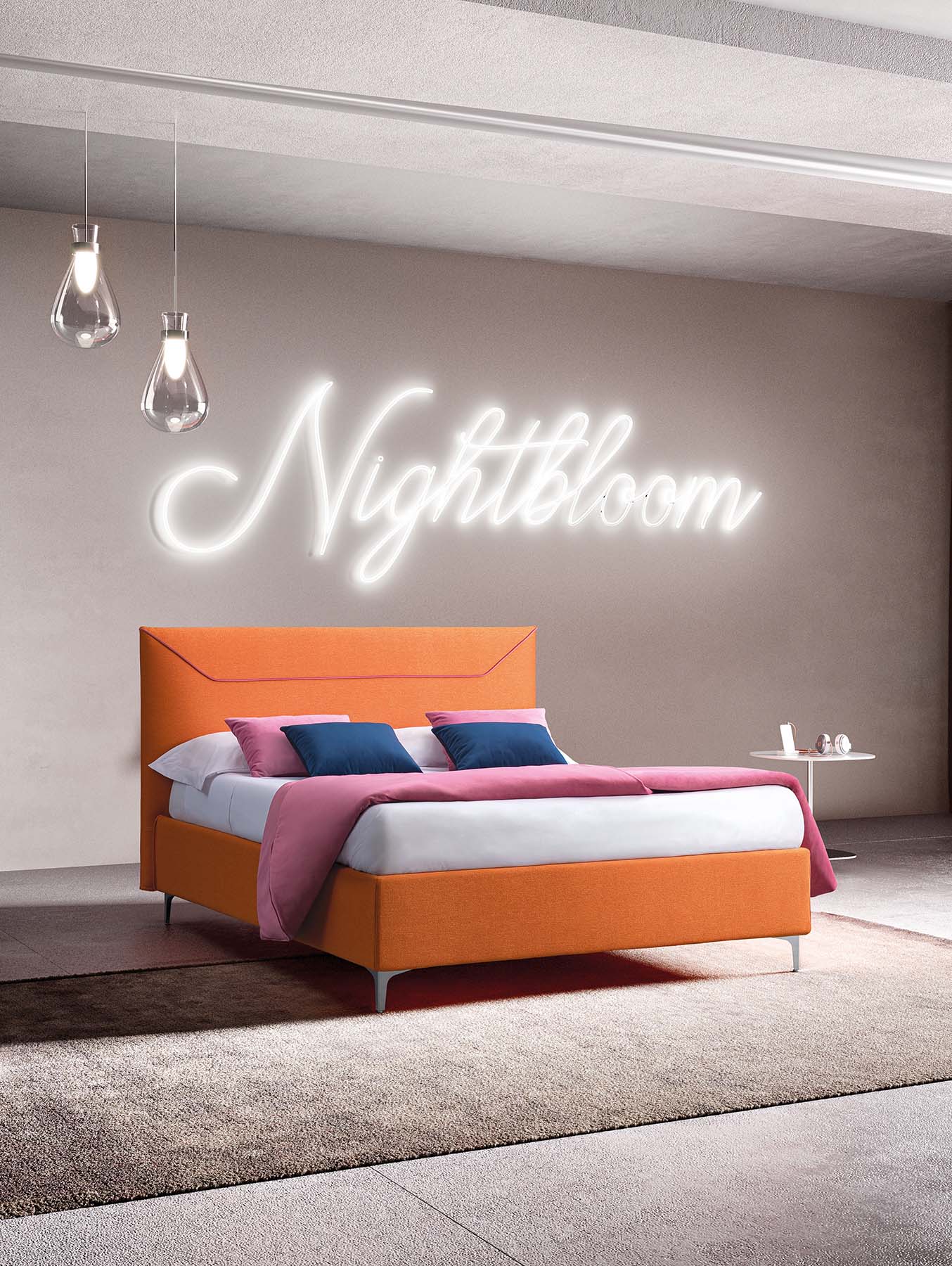 Bed with high feet and thin envelope-shaped headboard