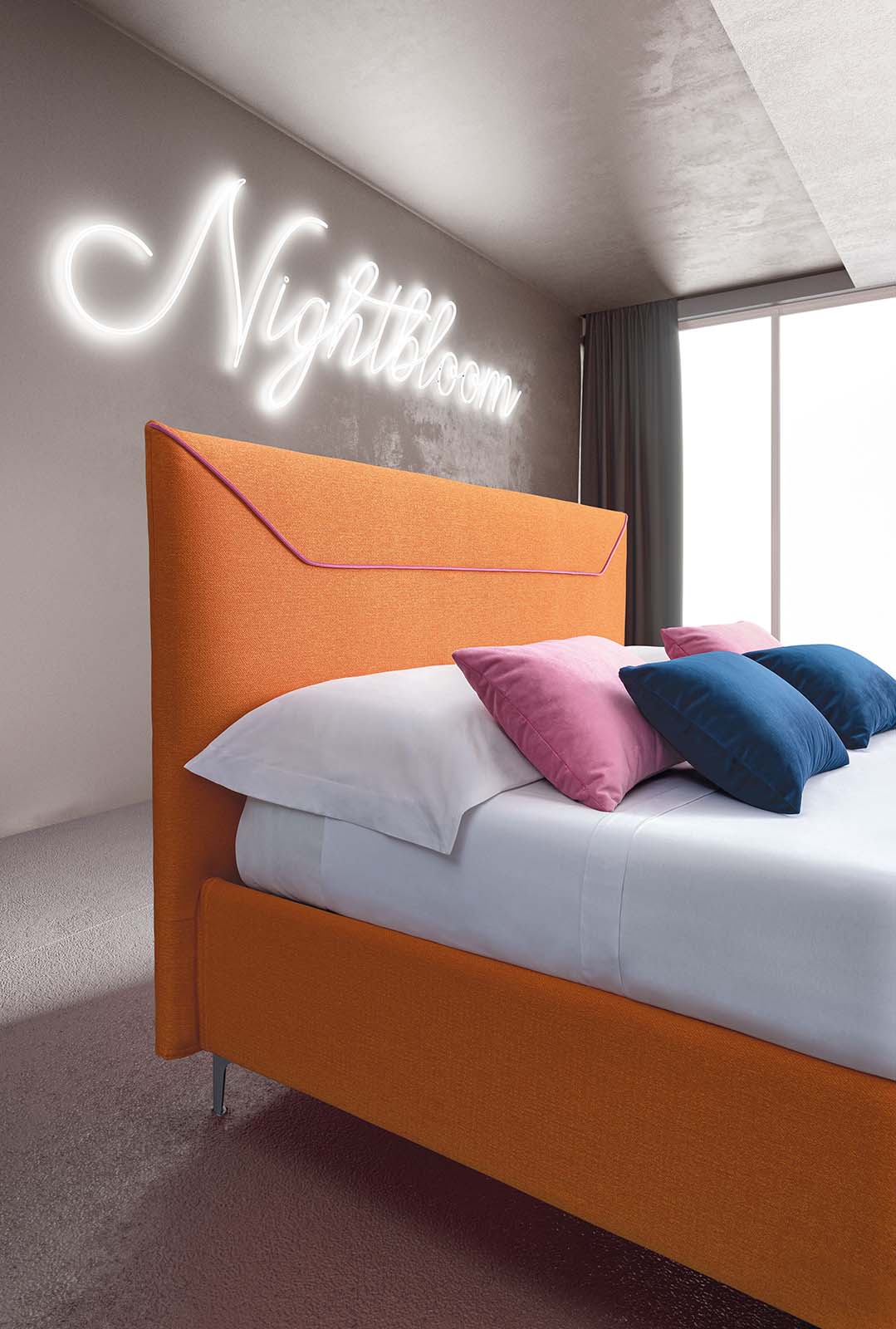 Detail of the Mirabilis bed headboard ready with white linens