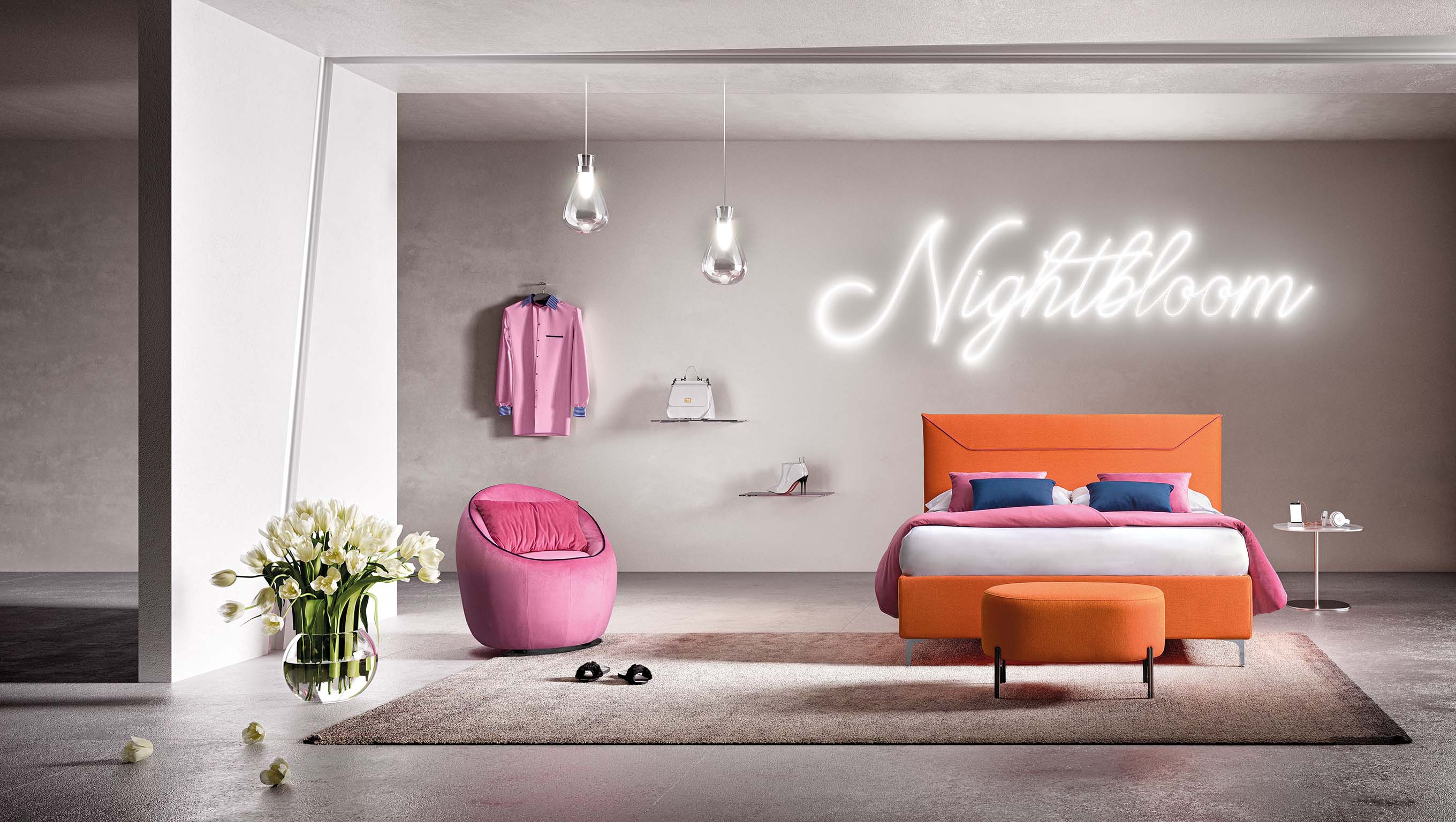Space-saving bed with orange fabric frame in a modern room with matching pouf.