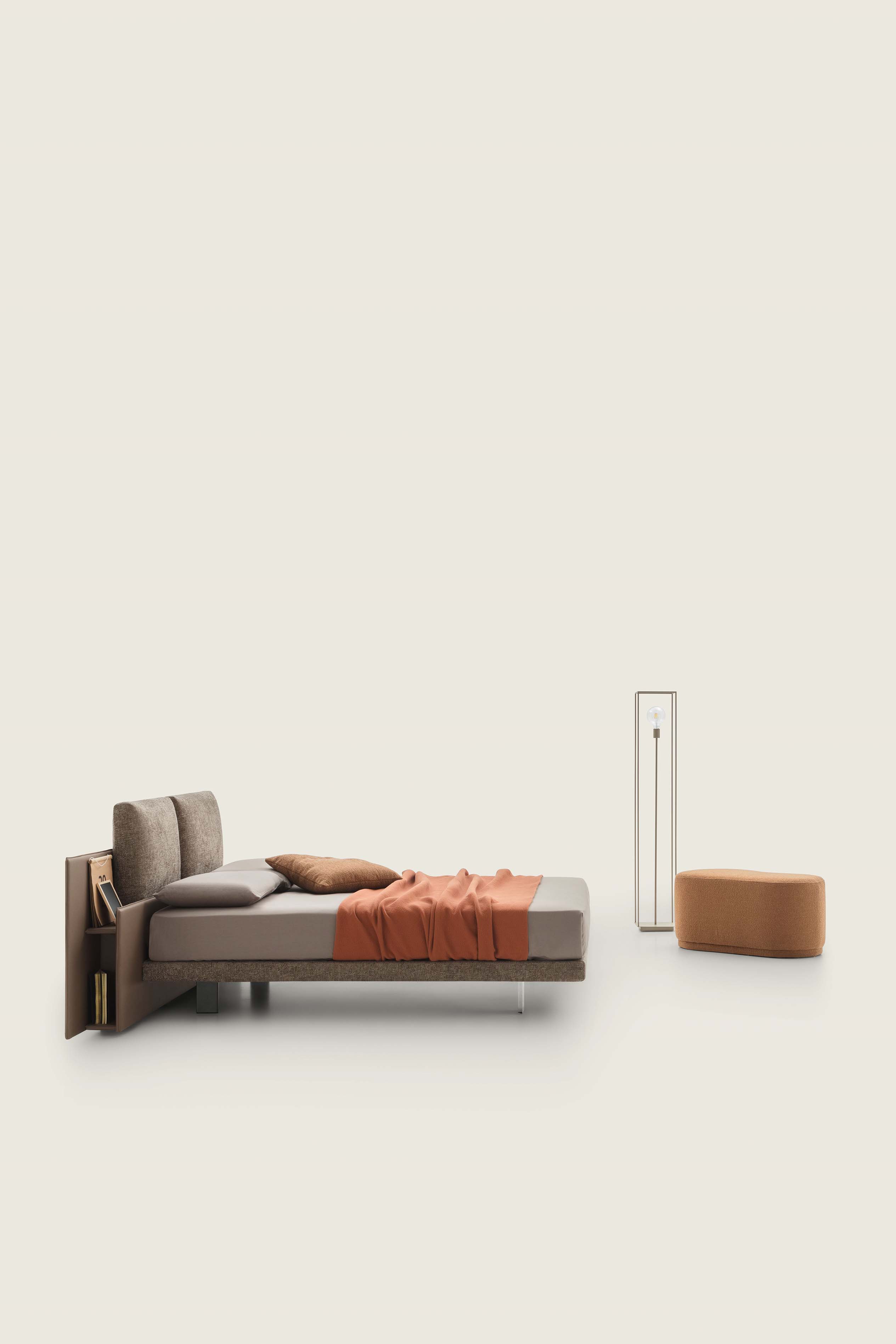 High brown and gray double bed with transparent plexiglass feet