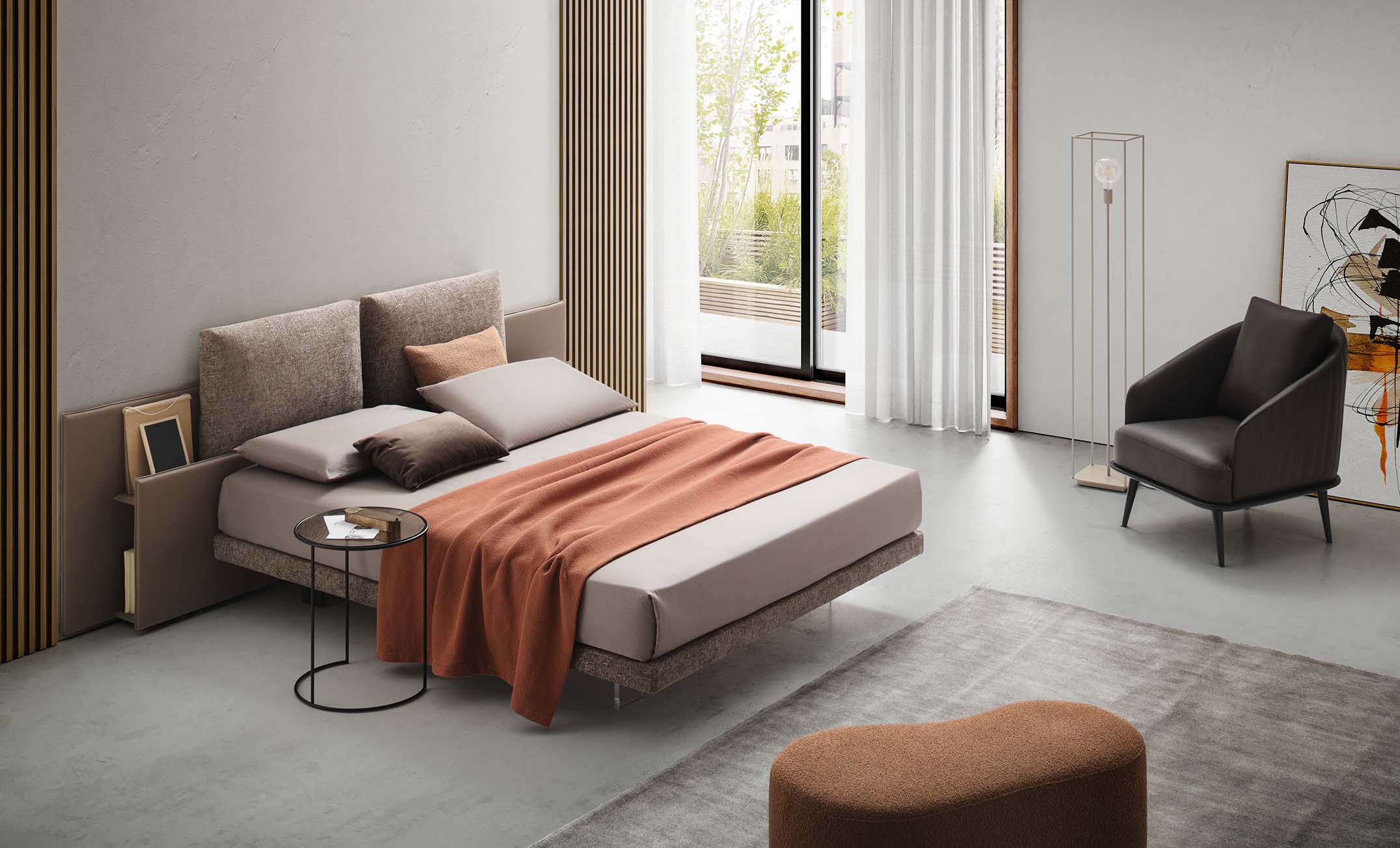 Room furnished with a modern double bookcase bed with storage headboard and transparent feet