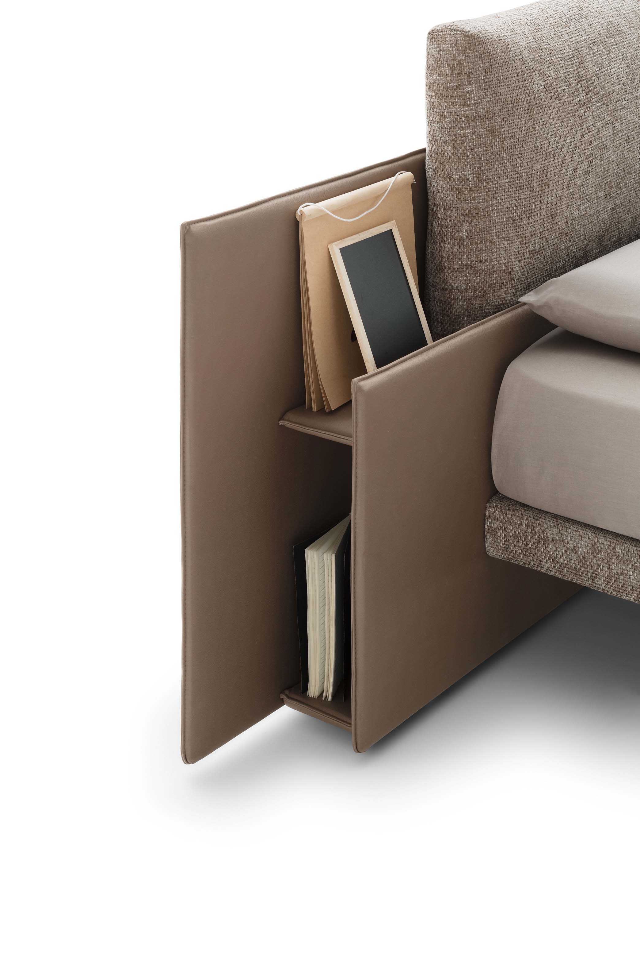 Detail of the storage headboard with brown texil structure