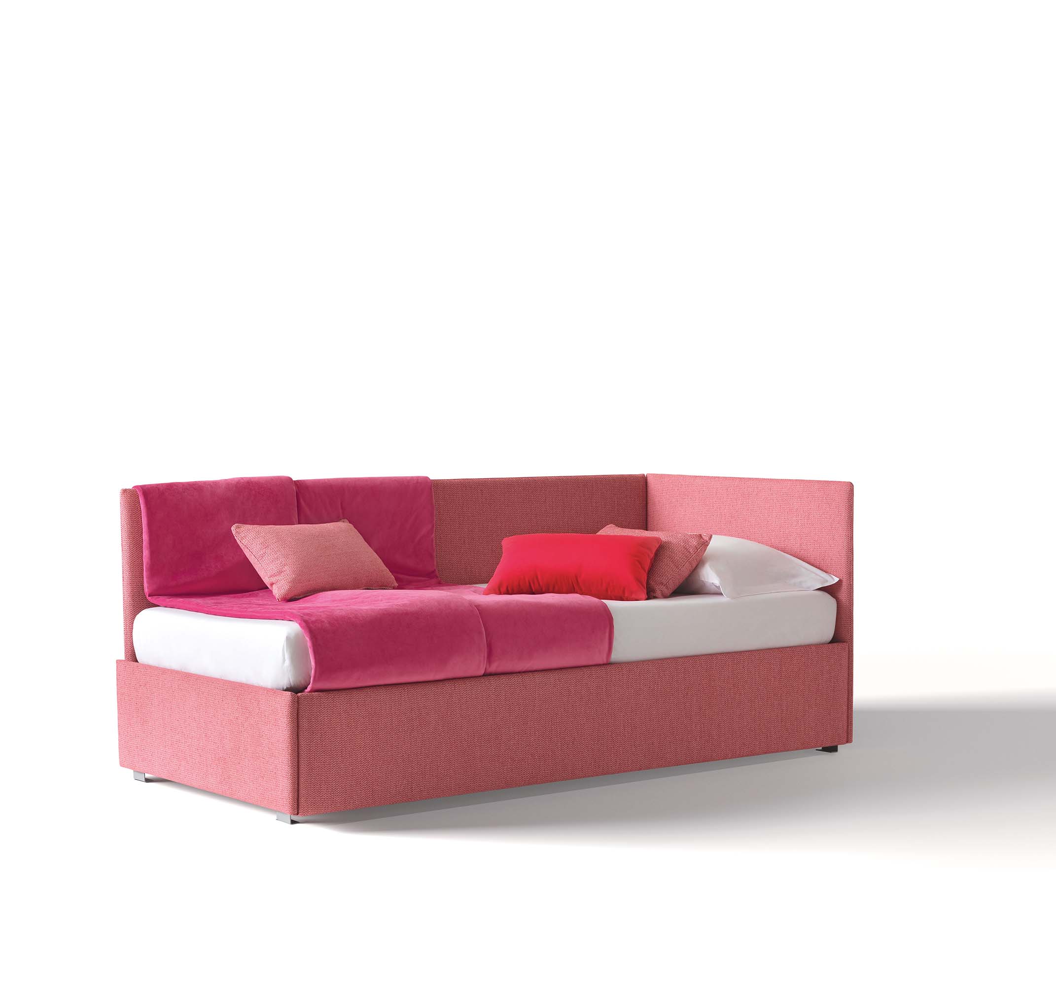 Single bed with coral pink upholstery code Dallas 824 with a textured finish