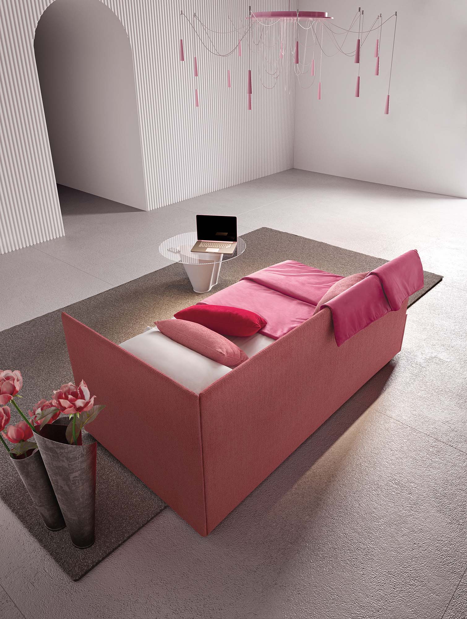 Pentas bed seen from the back: minimal footprint of the backrest and headboard