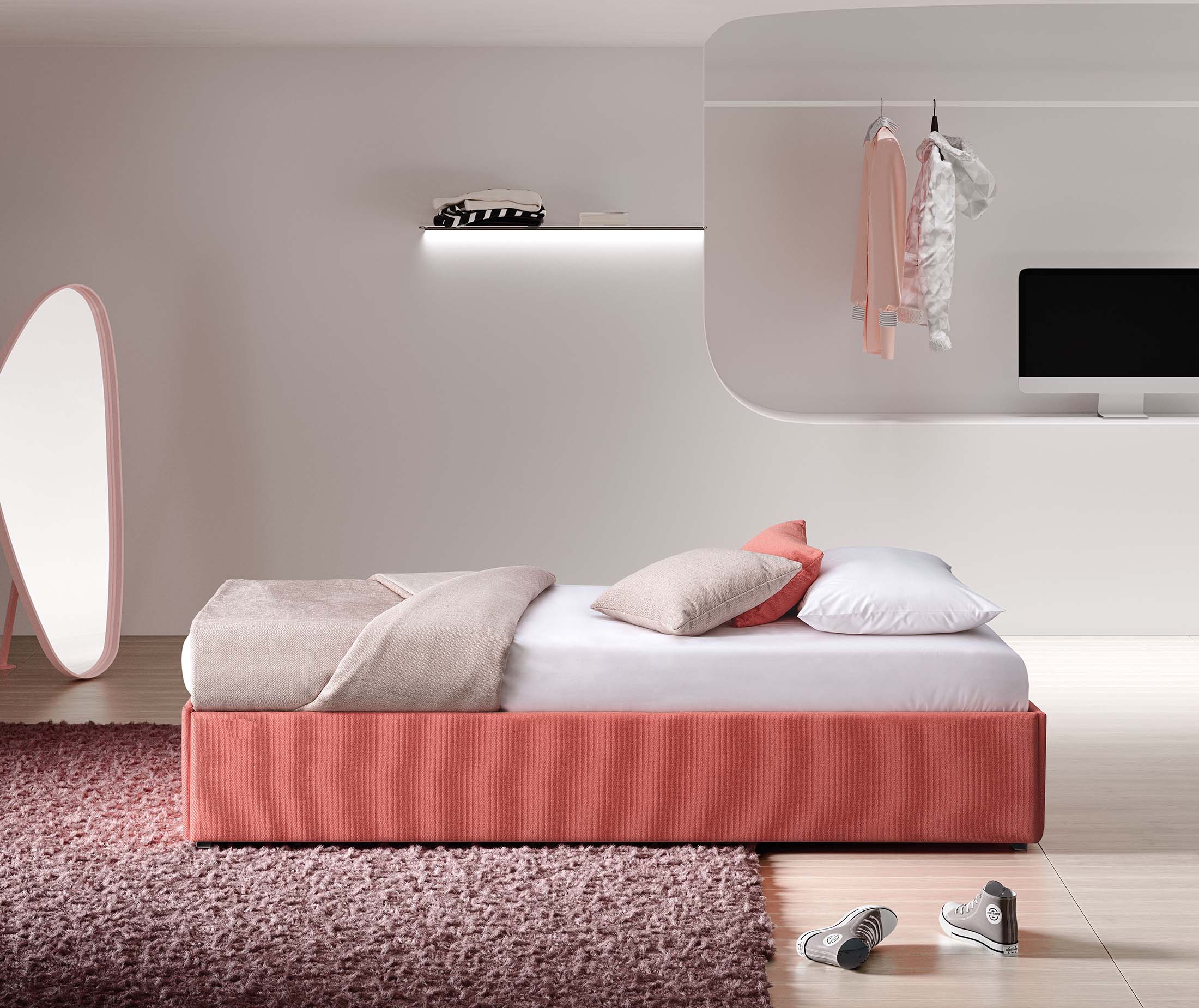 Modern single bedroom furnished with a single bed without headboard or footboard