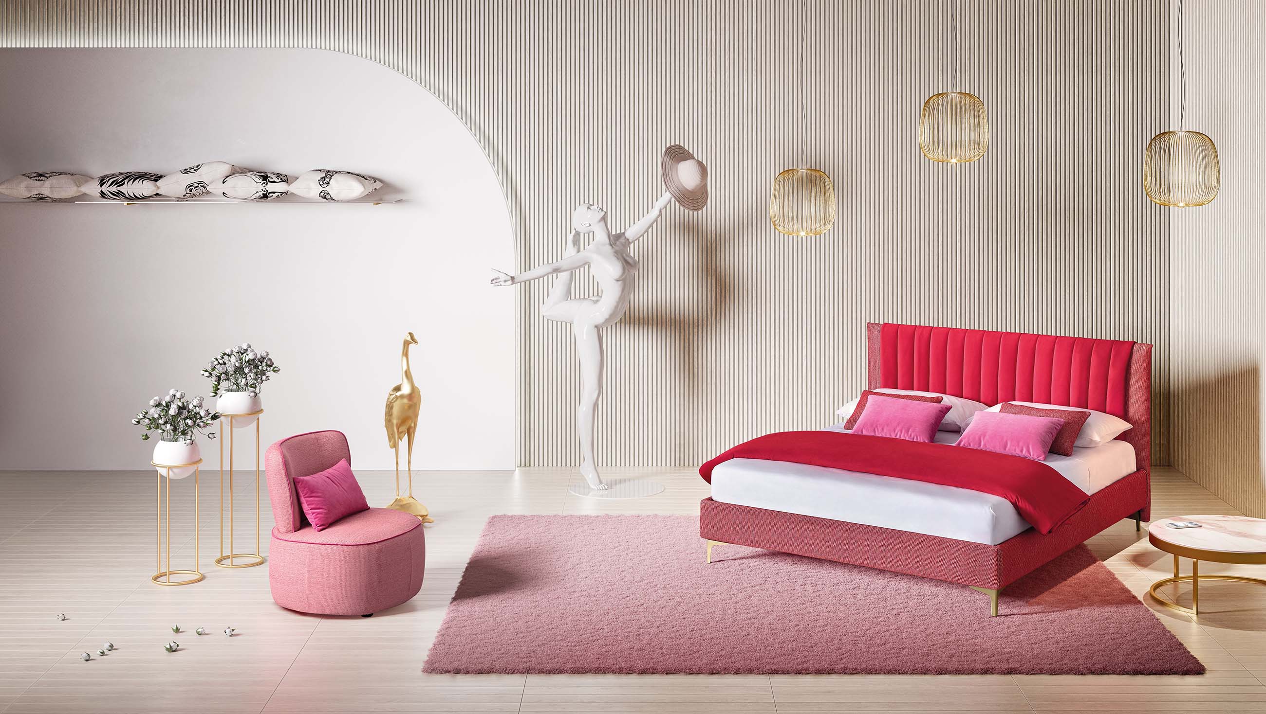Bed with elegant quilted headboard in a modern bedroom