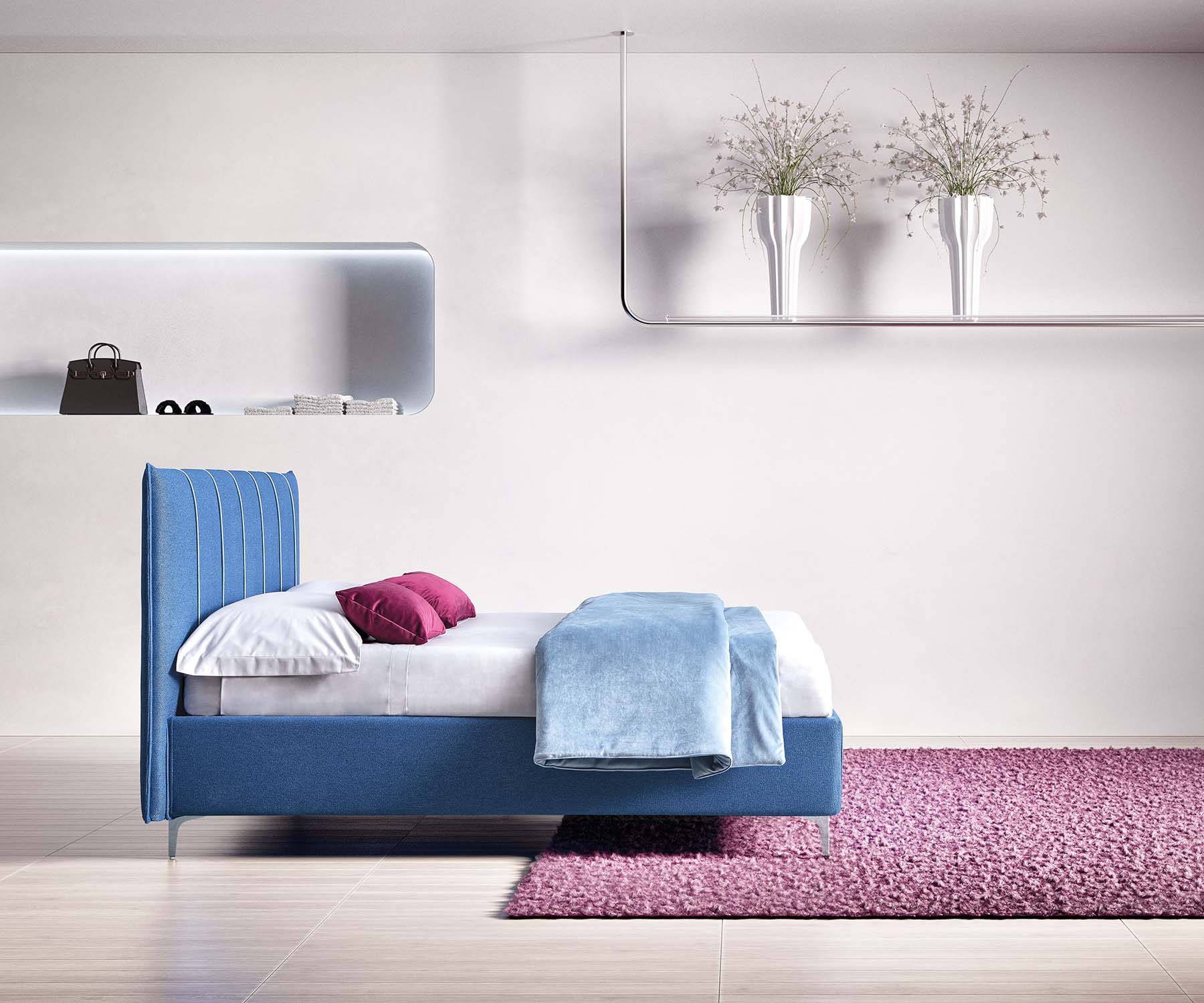 Light blue space-saving bed with high feet
