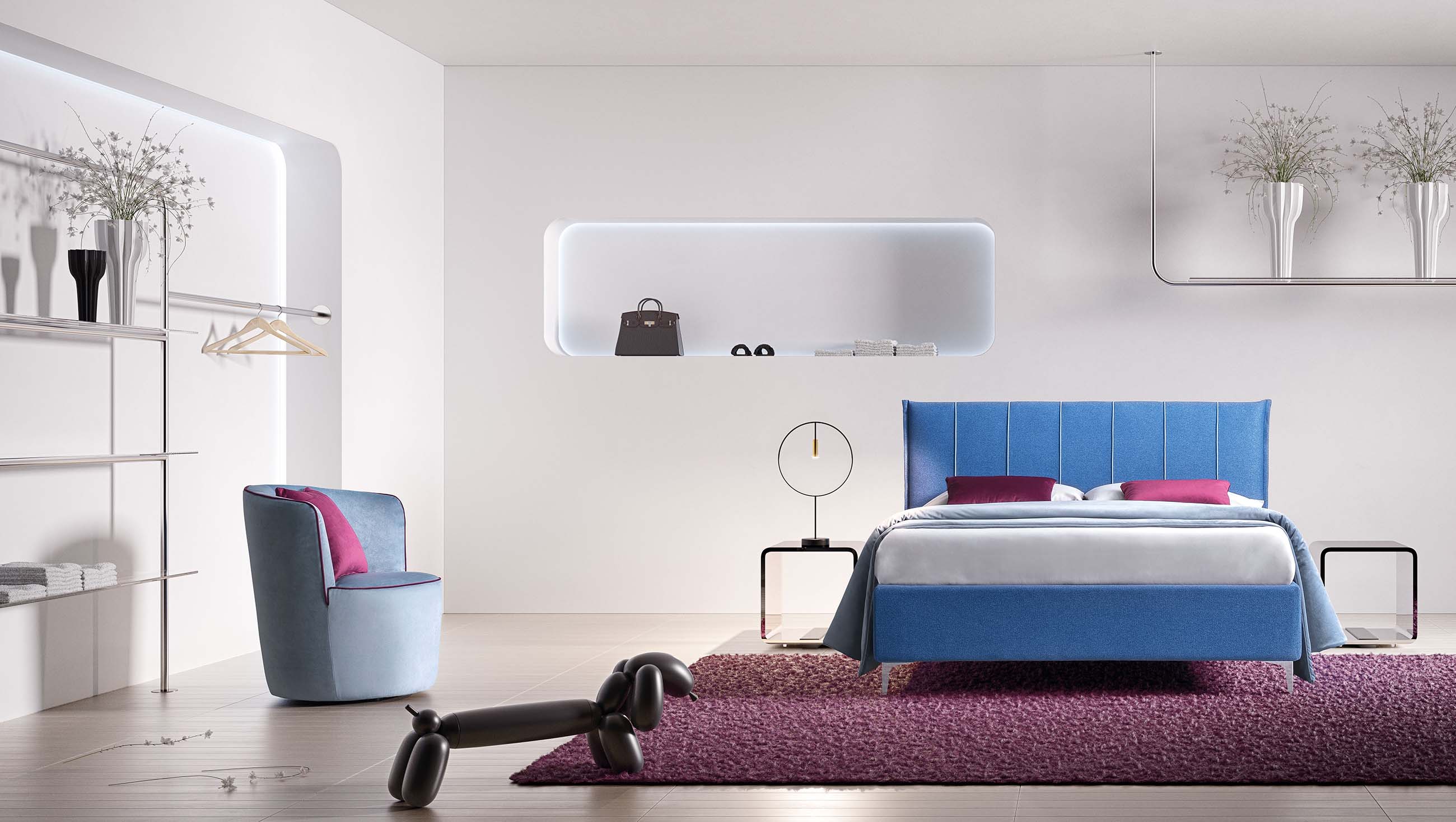 Modern room furnished with a blue fabric double bed with elegant vertical stitching