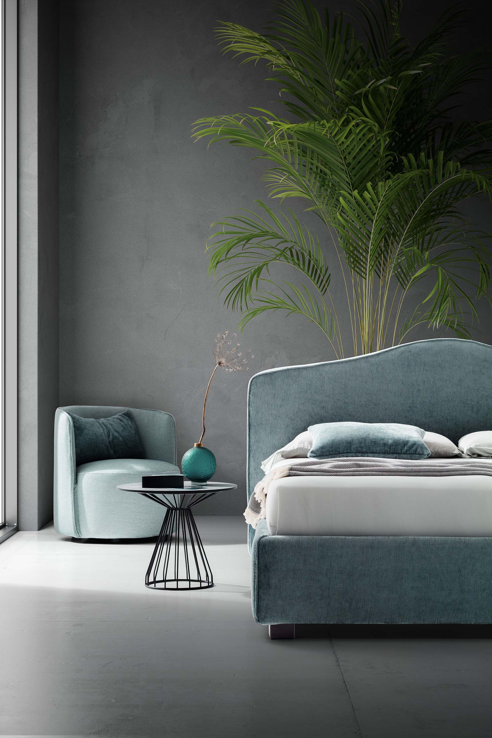 Gray room furnished with a classic light blue bed with low feet