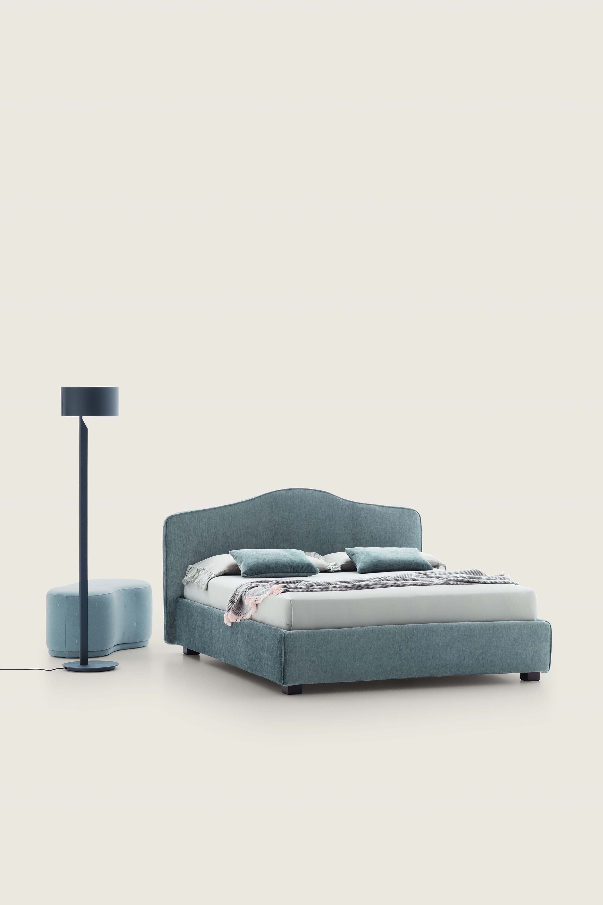 Candy light blue double bed in classic style with matching pouf and lamp