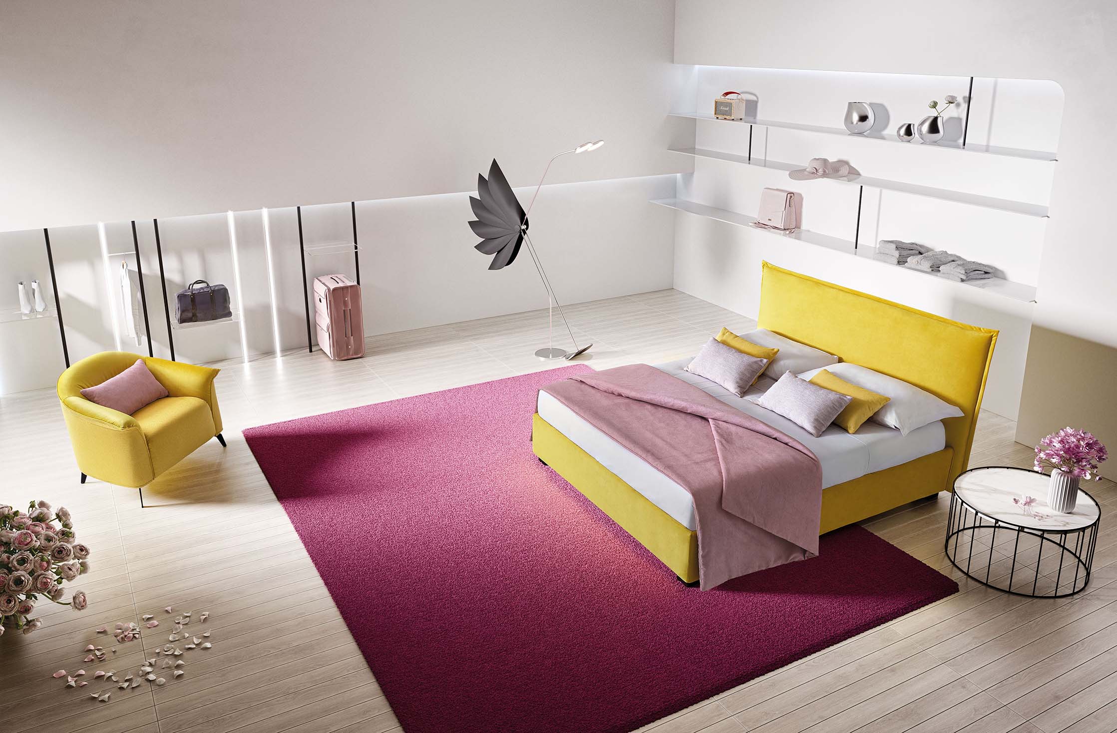 Yellow upholstered double bed with simple lines
