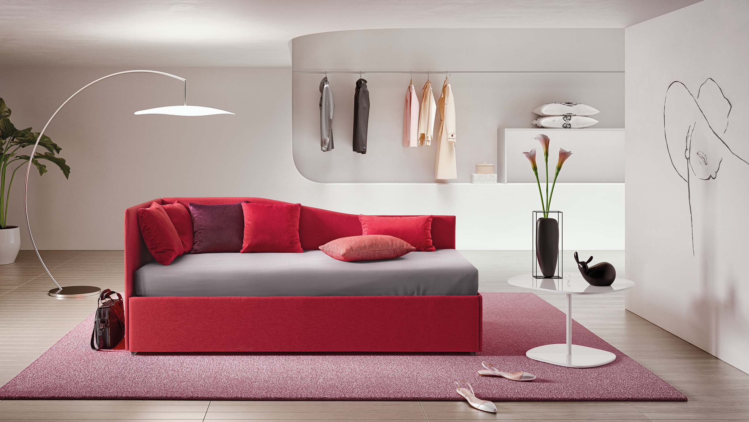 Angular single bed with wave-shaped backrest