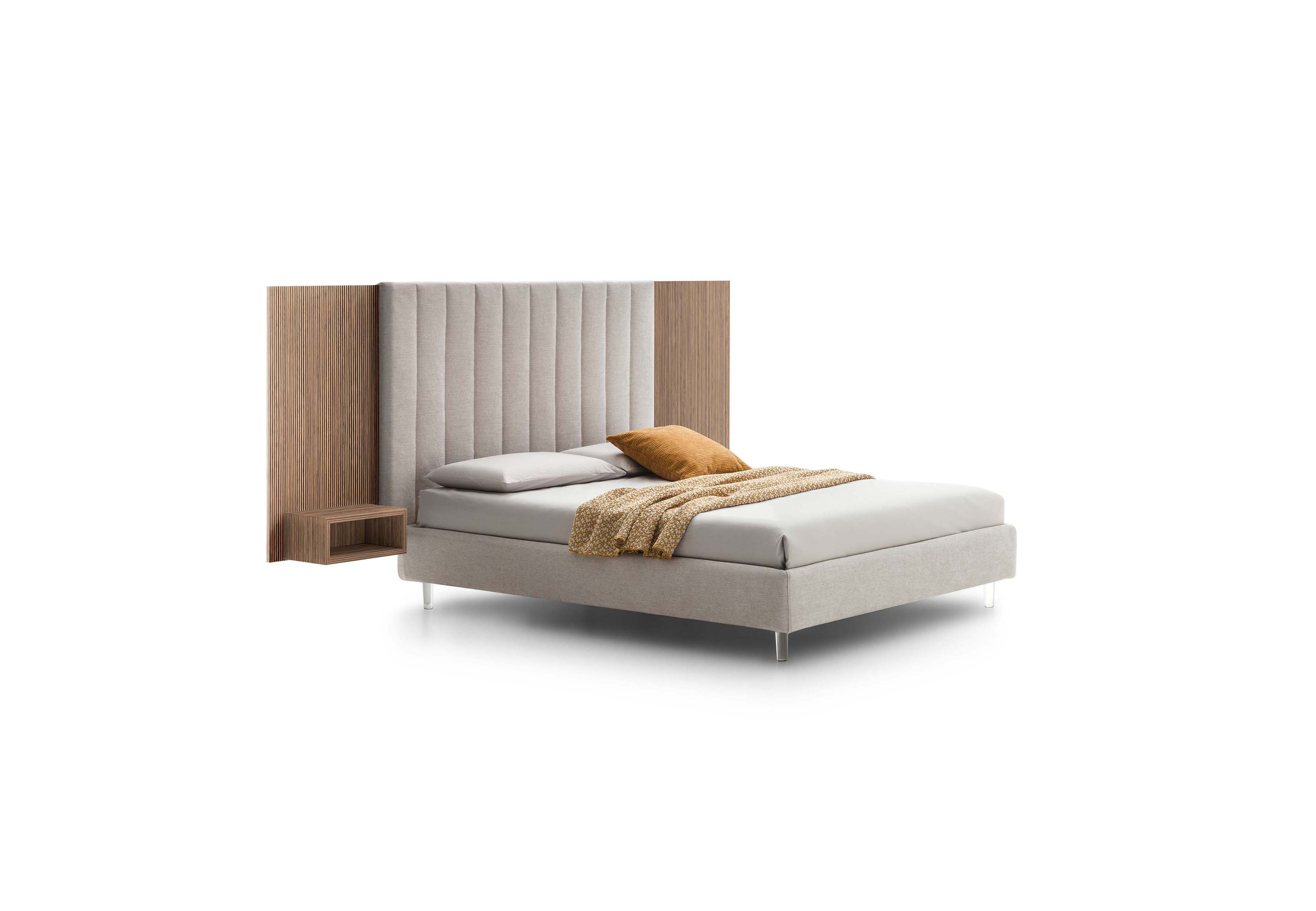 Tile bed with transparent plexiglass feet and headboard with open side compartments