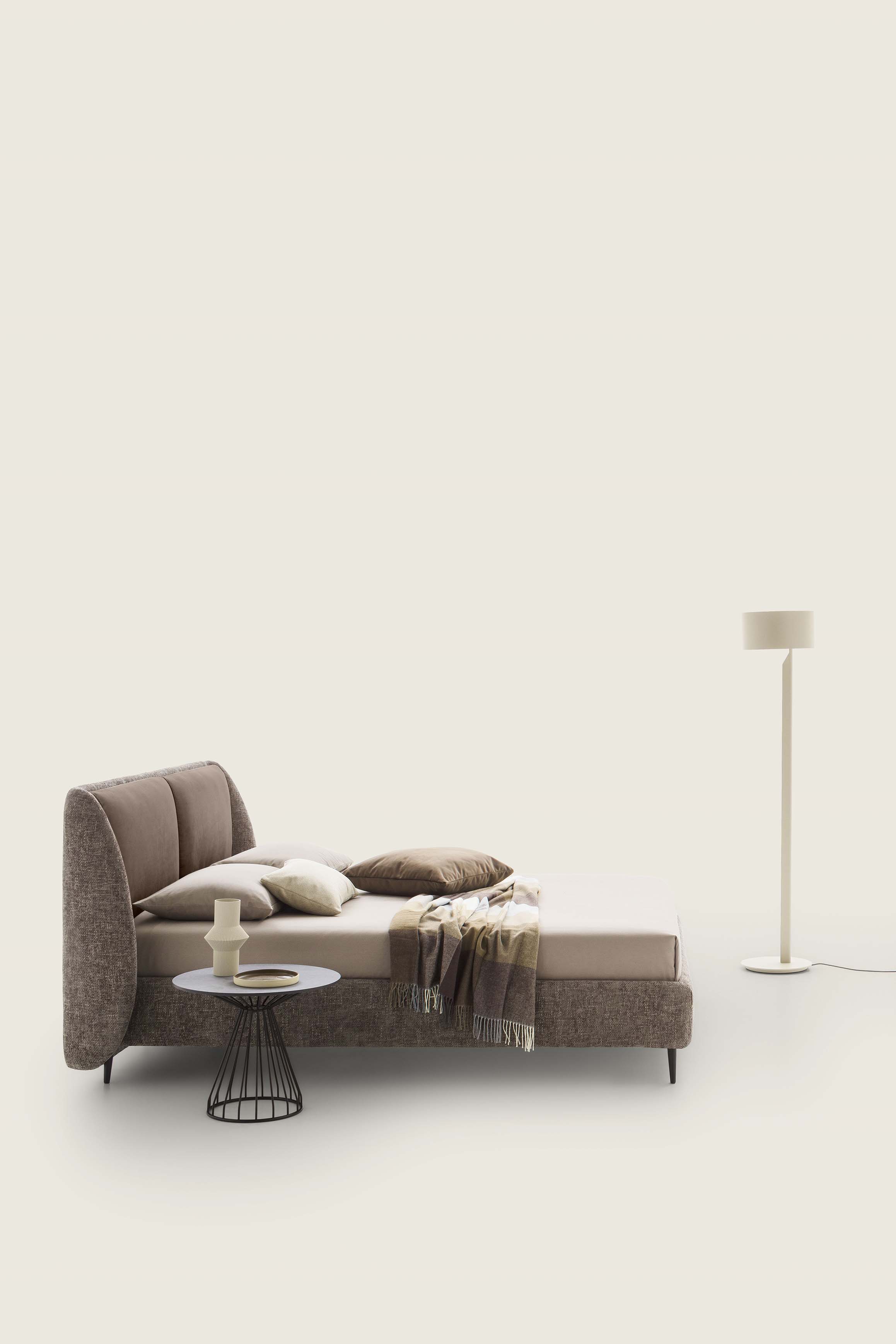 Modern style double bed with two-tone dark gray and brown upholstery