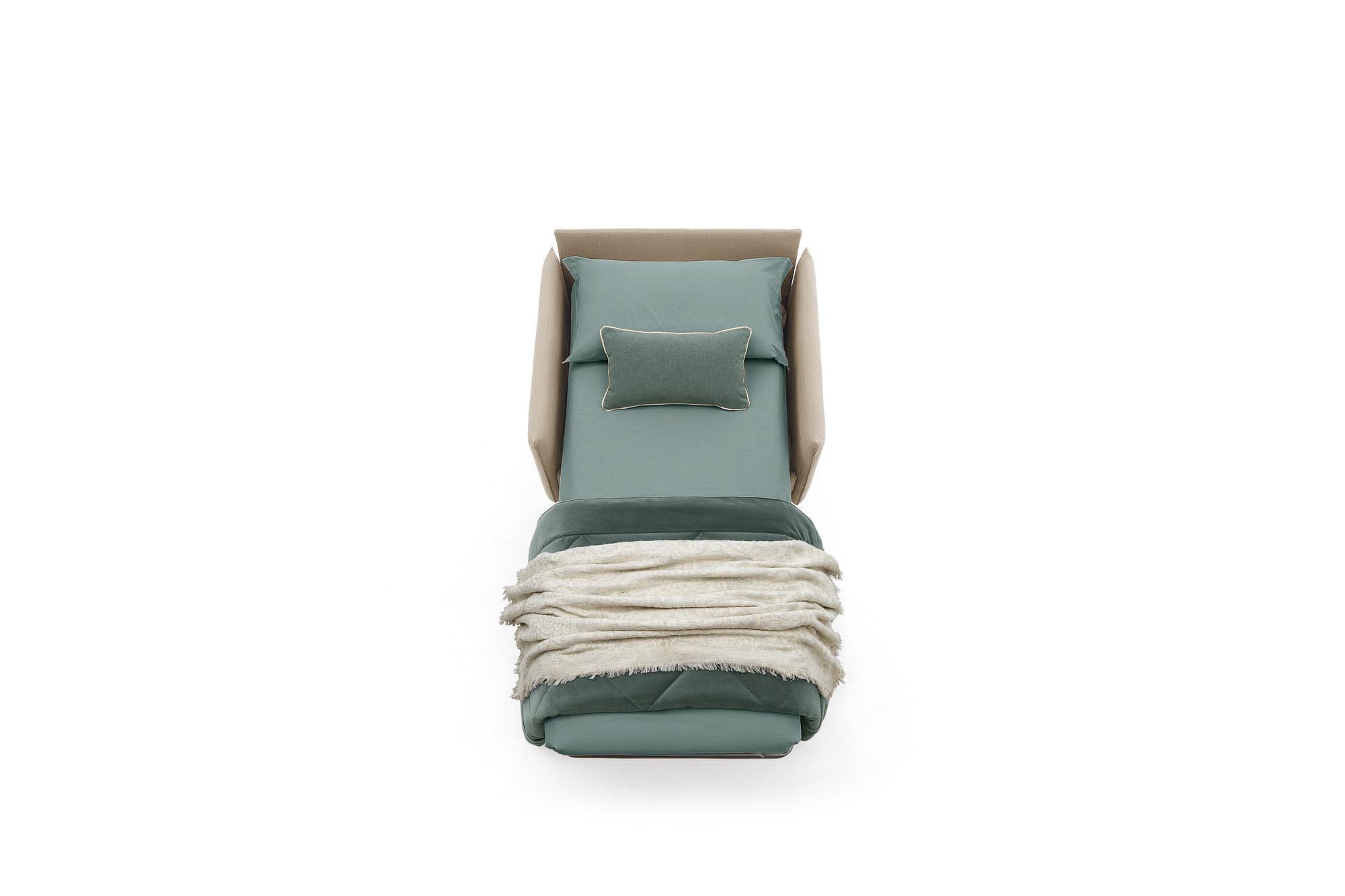 Sand-colored armchair bed opened in single bed mode