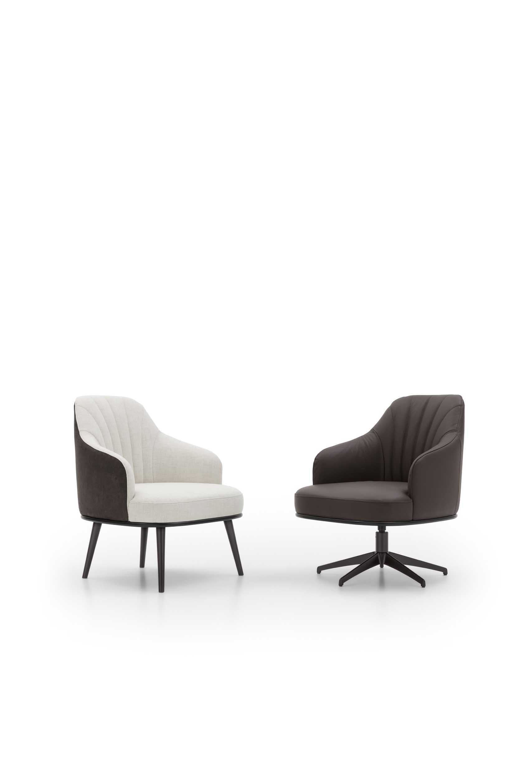 Modern armchairs with fixed and swivel bases in black and white
