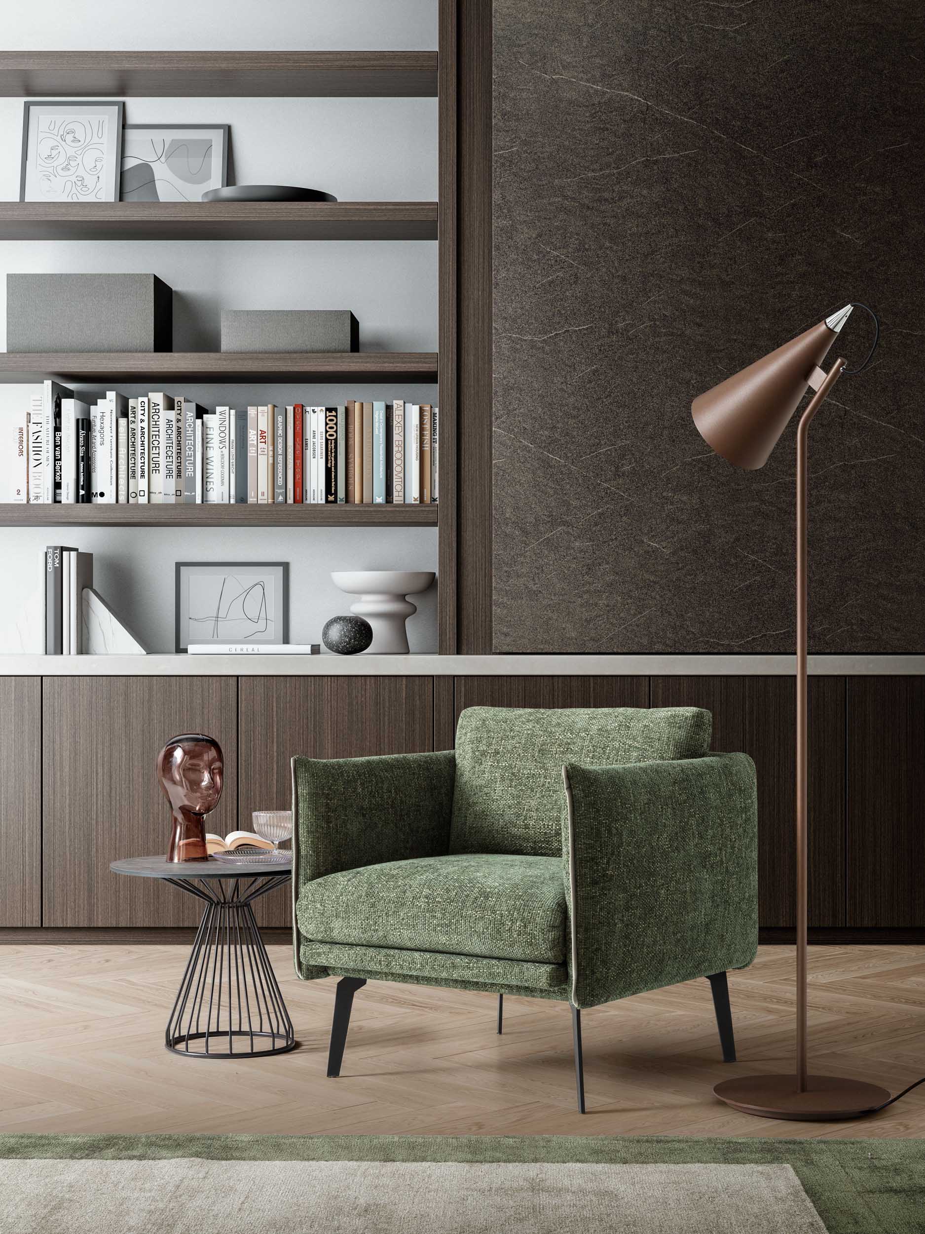 Fabric armchair with painted metal legs and slim armrests