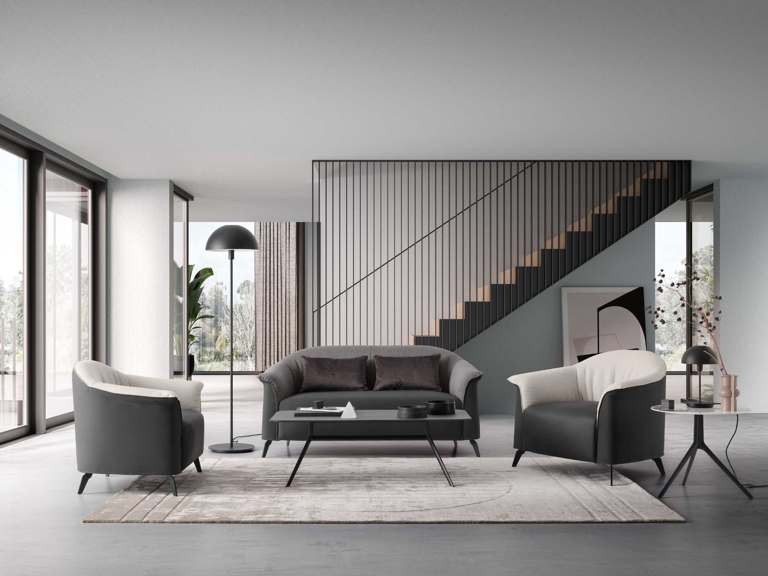 Set of eclectic and comfortable loveseat and armchairs in fabric