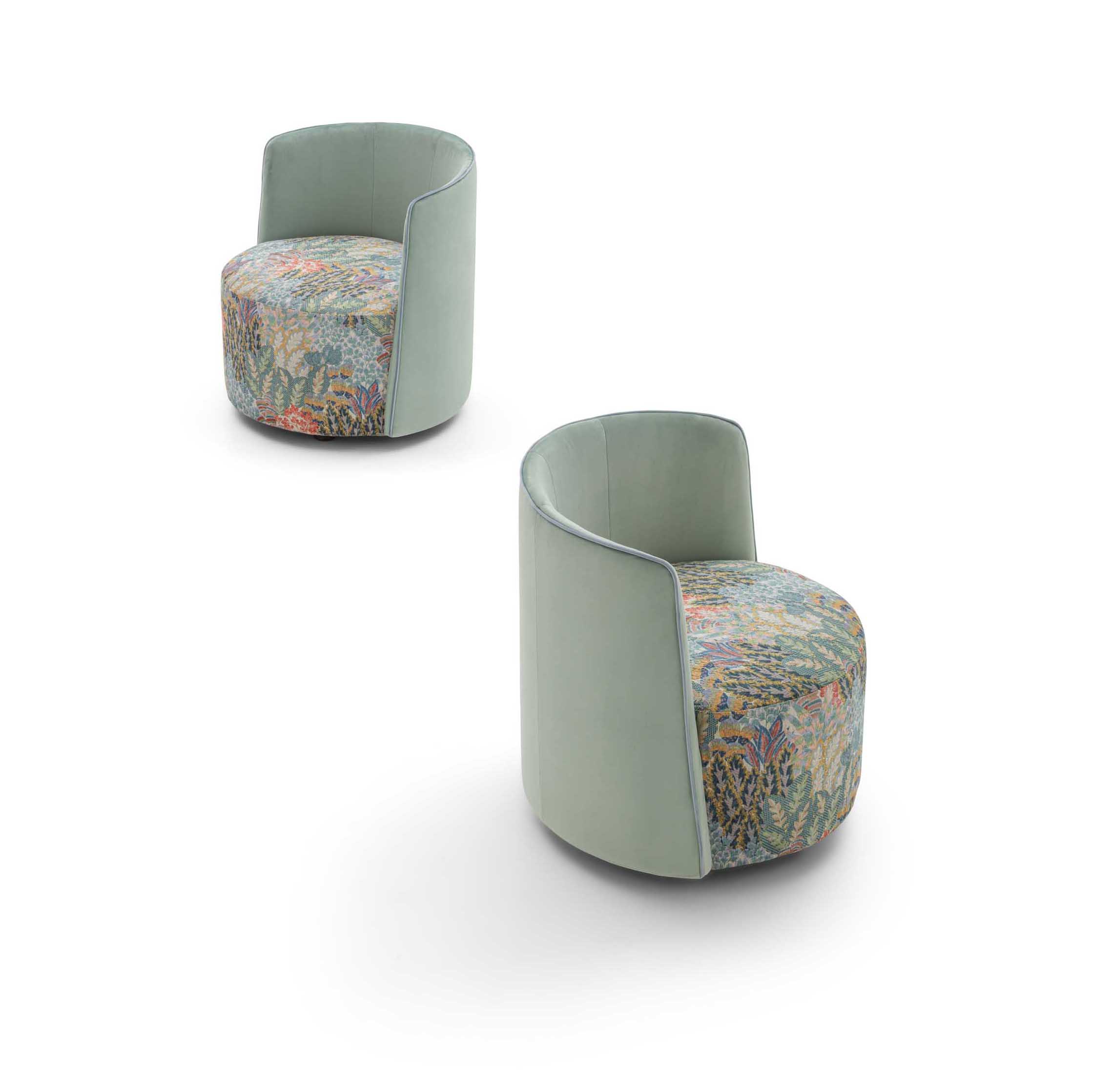 Round armchair with a slim backrest in soft, delicate colors
