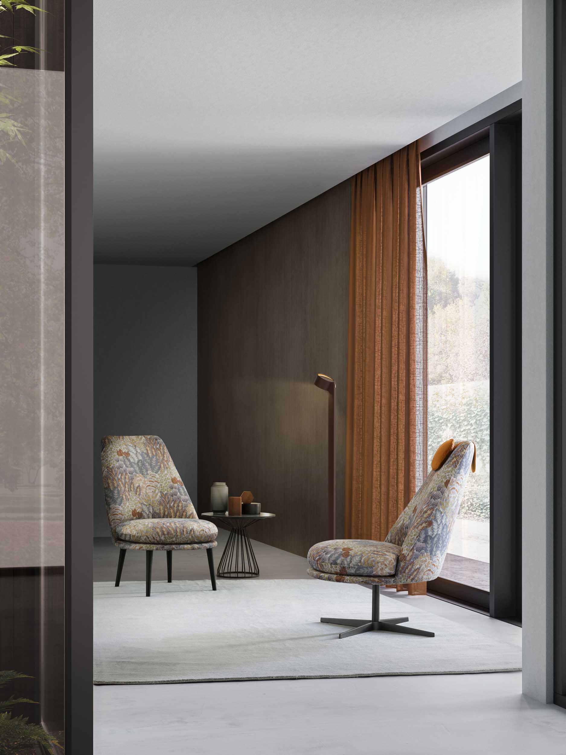 Design lounge with armchairs featuring floral upholstery